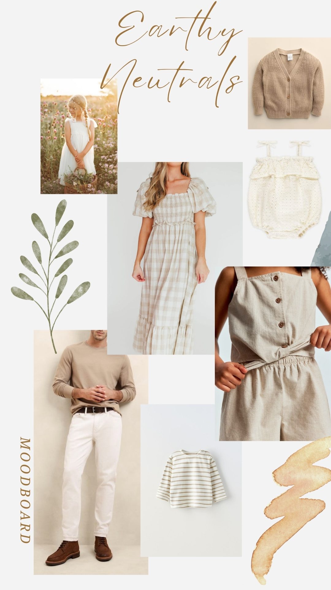 A mood board for spring family photos outfitsfeaturing earthy neutrals