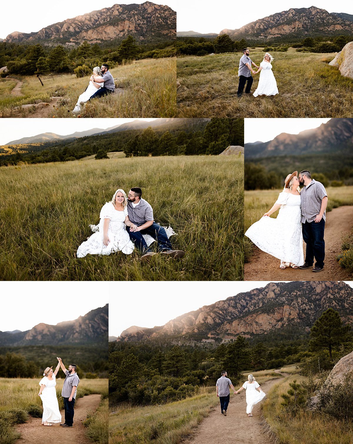 A warm and playful collection of candid couple moments in a mountain meadow, including sitting, dancing, and holding hands at golden hour.