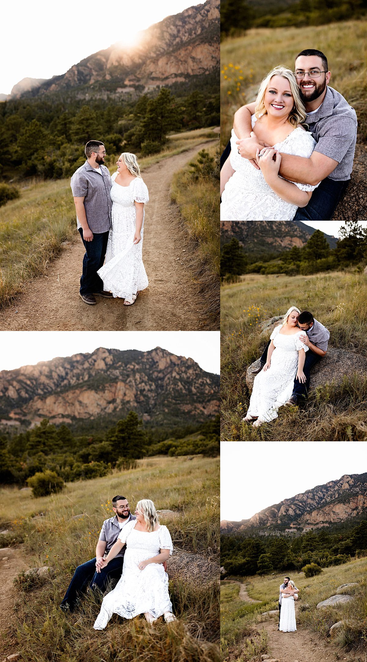 Anniversary Photos in Colorado Springs featuring joyful, intimate moments—cuddles, smiles, and scenic trail walks in front of stunning mountain views.