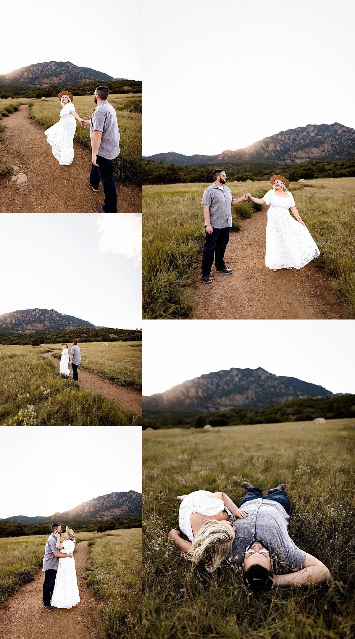 A romantic mix of movement and stillness as the couple walks, spins, kisses, and relaxes in an open field under the evening sun.