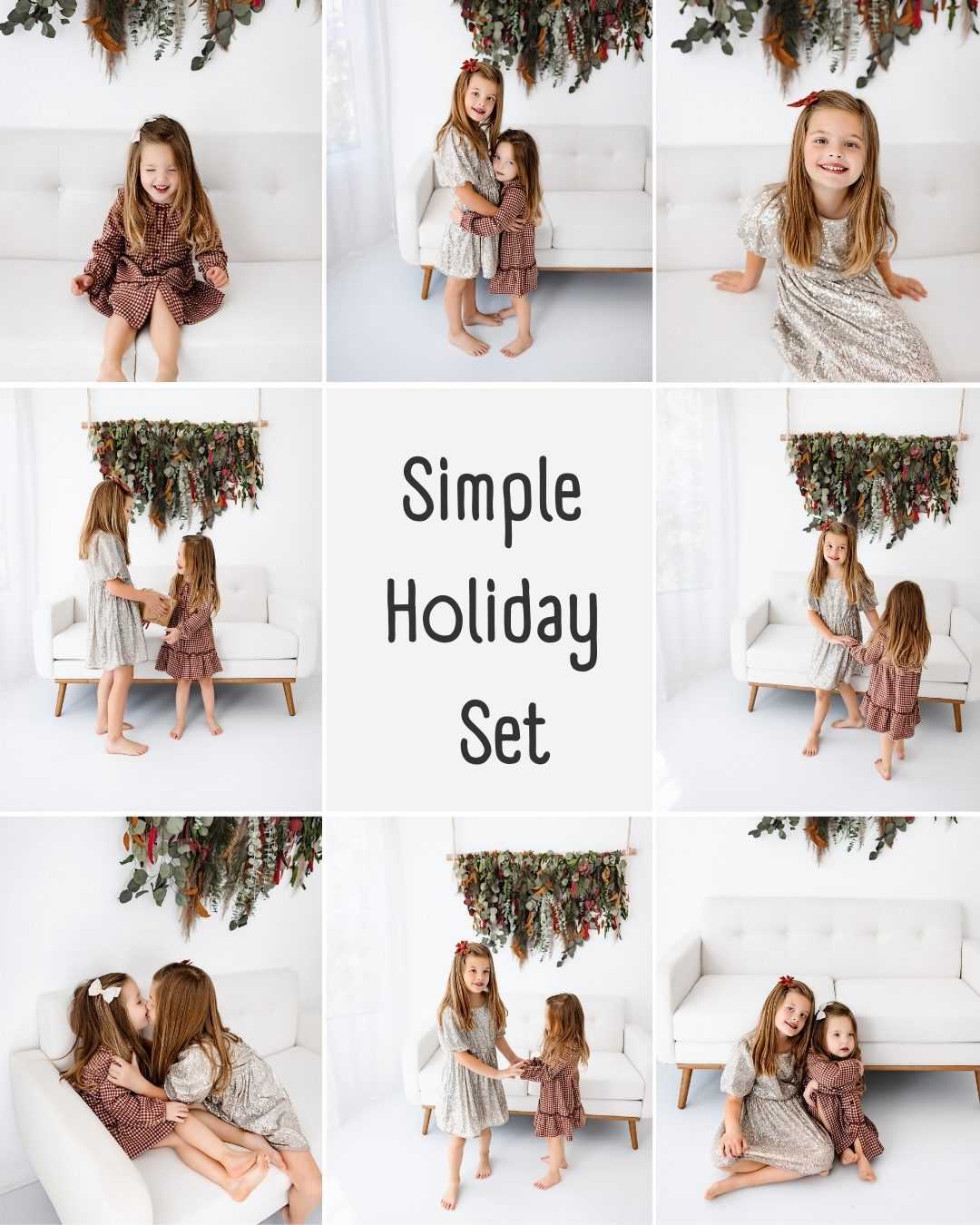 Two sisters smiling and hugging on a white couch beneath a holiday greenery backdrop at a Colorado Springs Indoor Holiday Mini Sessions