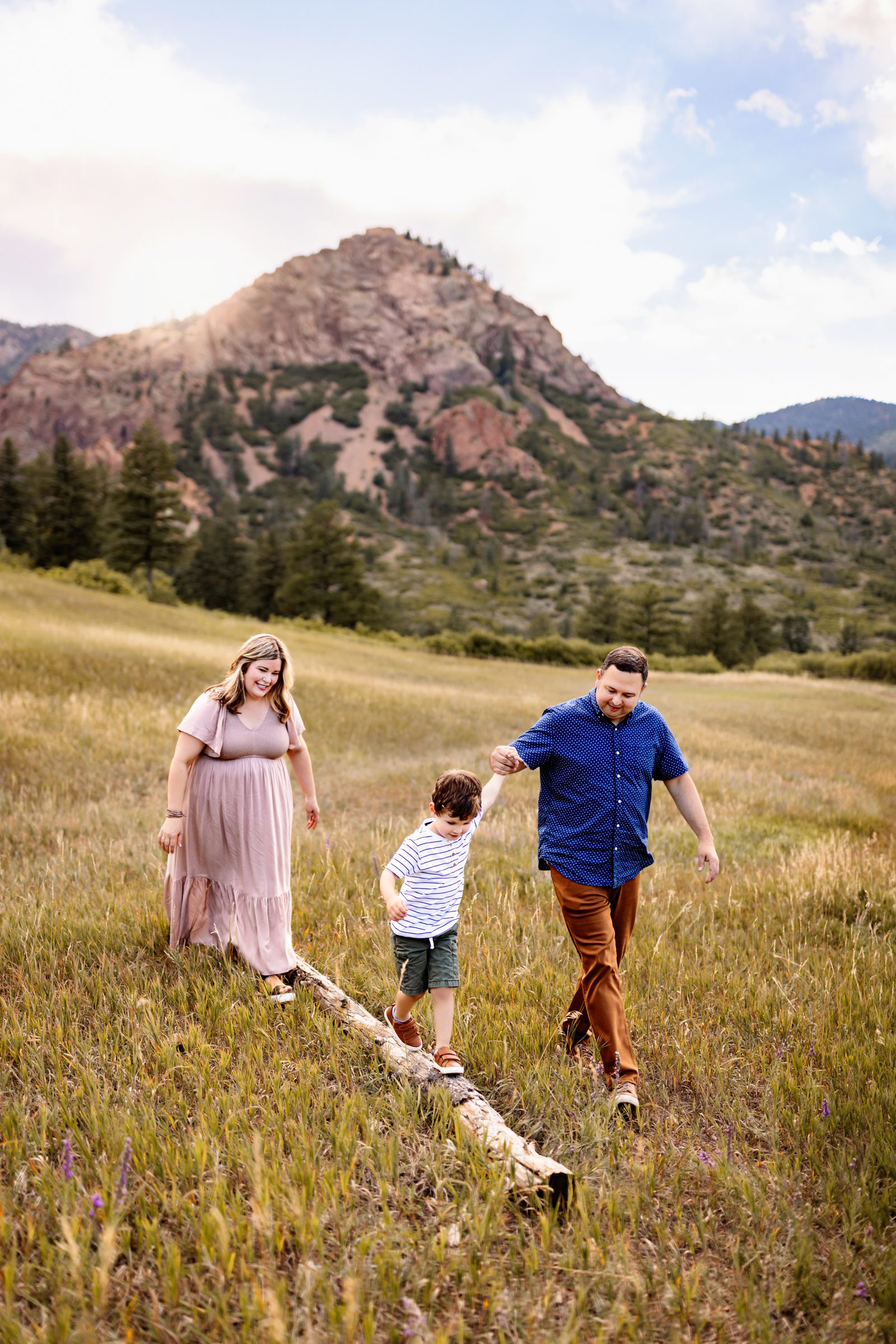 A family in a mountain meadow with mountain behind them and a little boy walking across a log