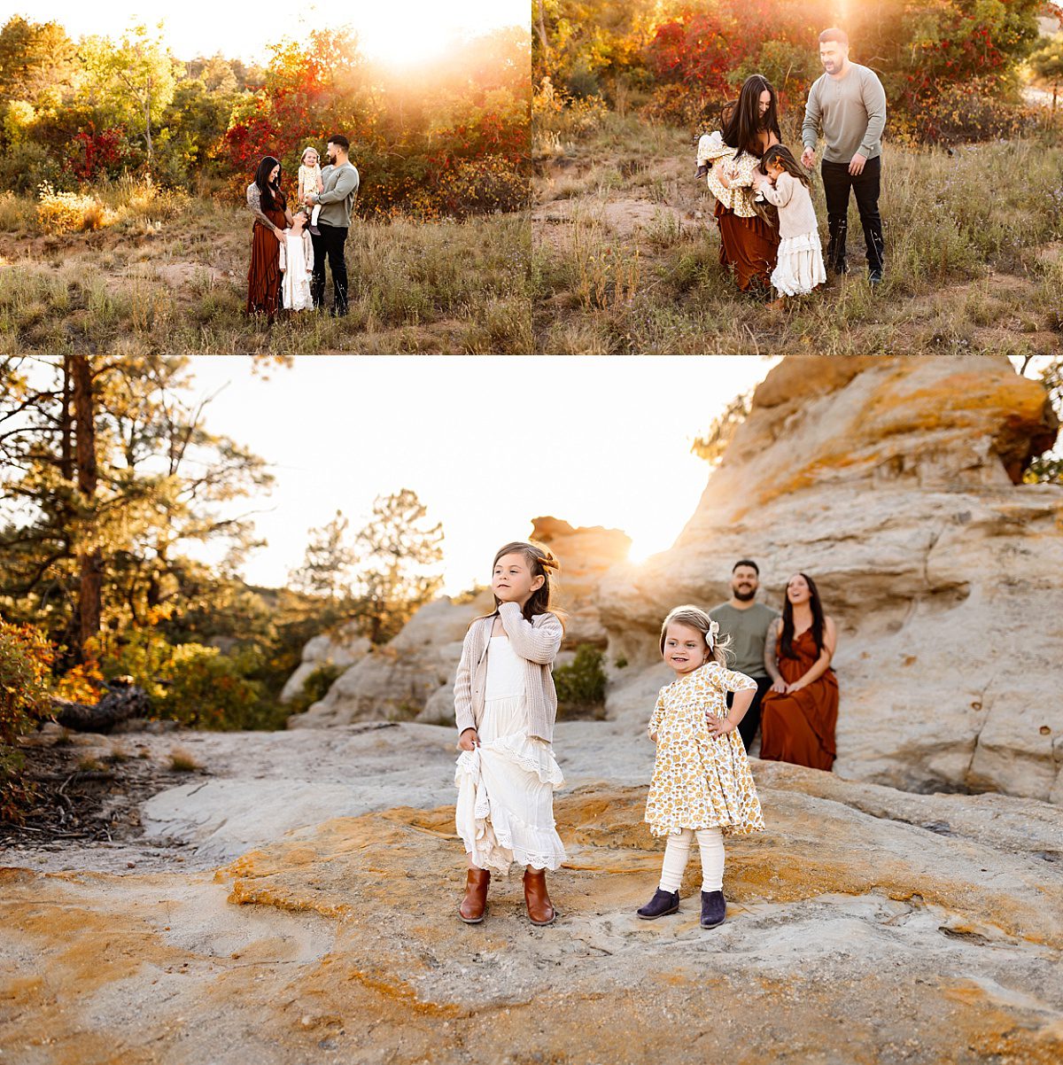 Collage featuring a warm fall evening family session, with candid moments and golden light shining through rocky Colorado landscapes.