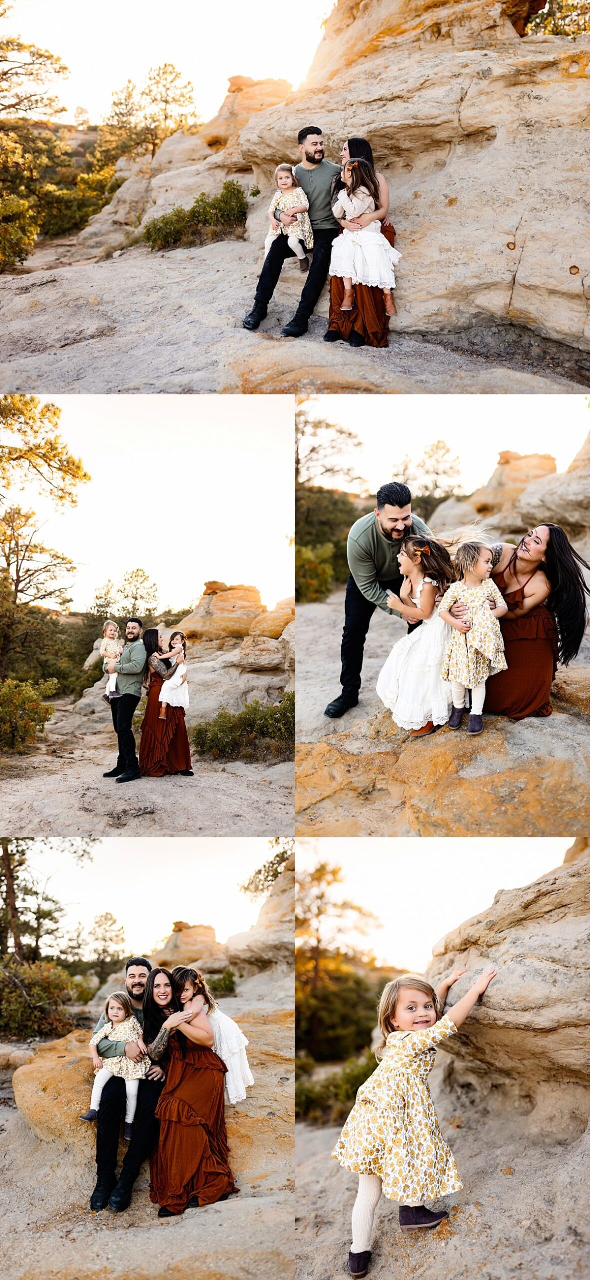 Collage of candid family moments and playful portraits set against sandstone cliffs and golden evening light, captured during fall foliage in Colorado Springs.