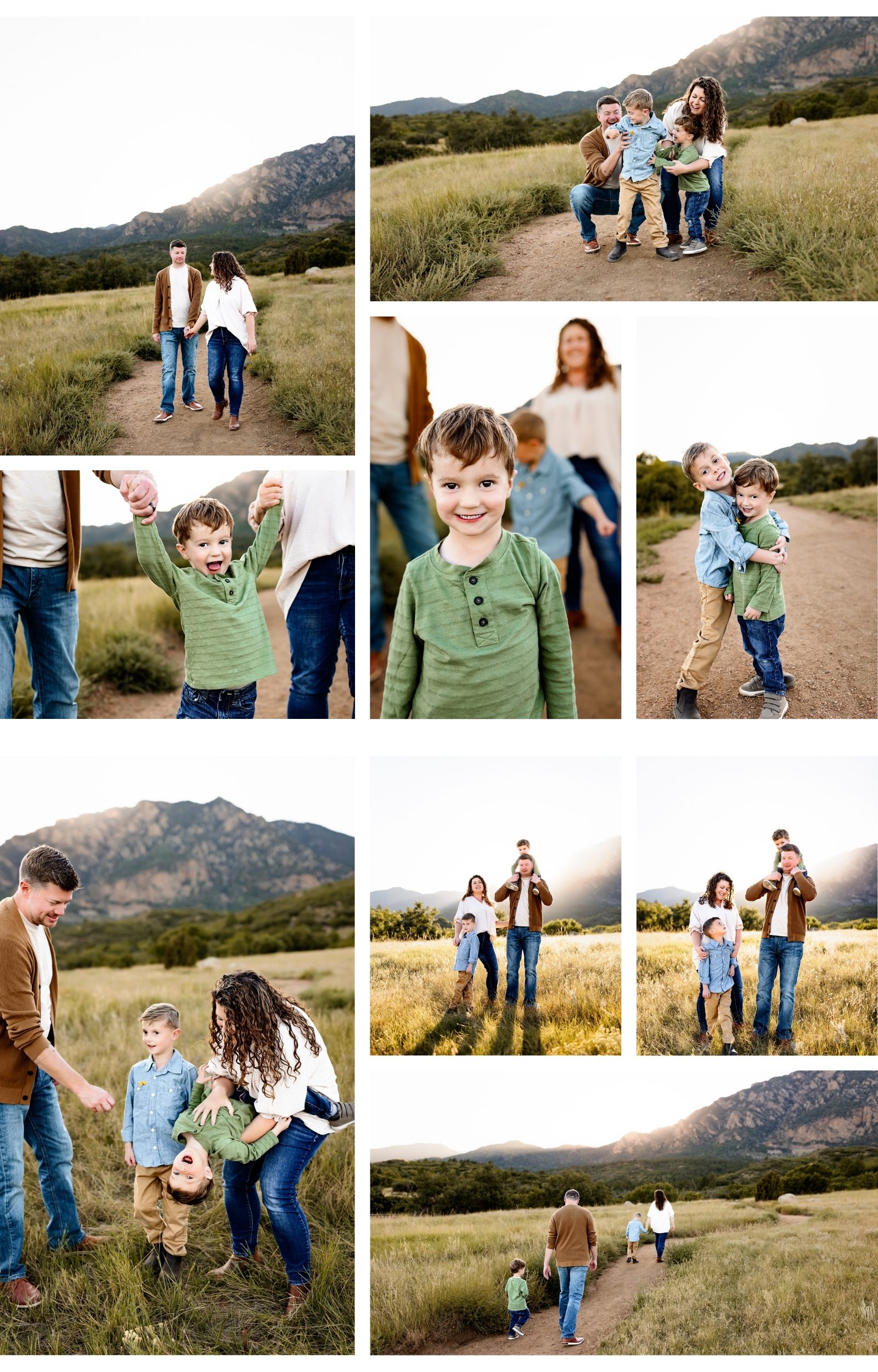 Collage of a family laughing and playing in a grassy mountain meadow at sunset, with close-ups of the kids and candid moments with their parents.