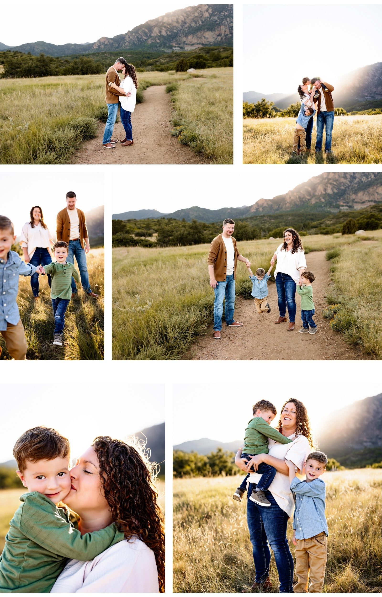 Family photo session collage showing playful and loving interactions between a mother, father, and two young boys with a stunning mountain backdrop.