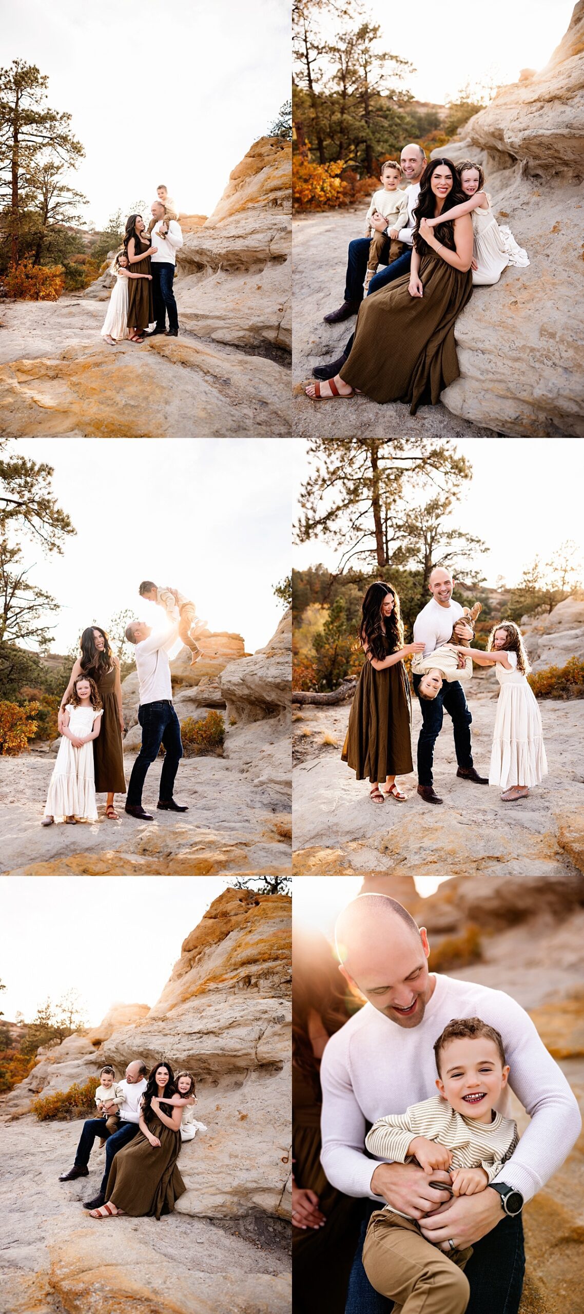 A collage from a Colorado Springs Fall Mini Session showing a joyful family playing, cuddling, and laughing together among golden leaves and rocky scenery.