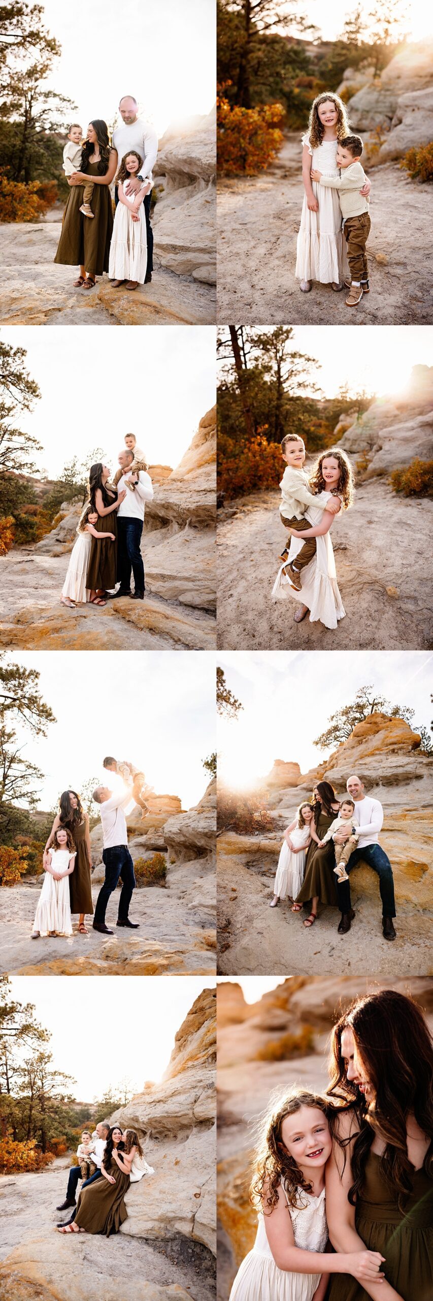 A collage from a Colorado Springs Fall Mini Session capturing sweet family moments, sibling hugs, and golden light on scenic rocky trails.