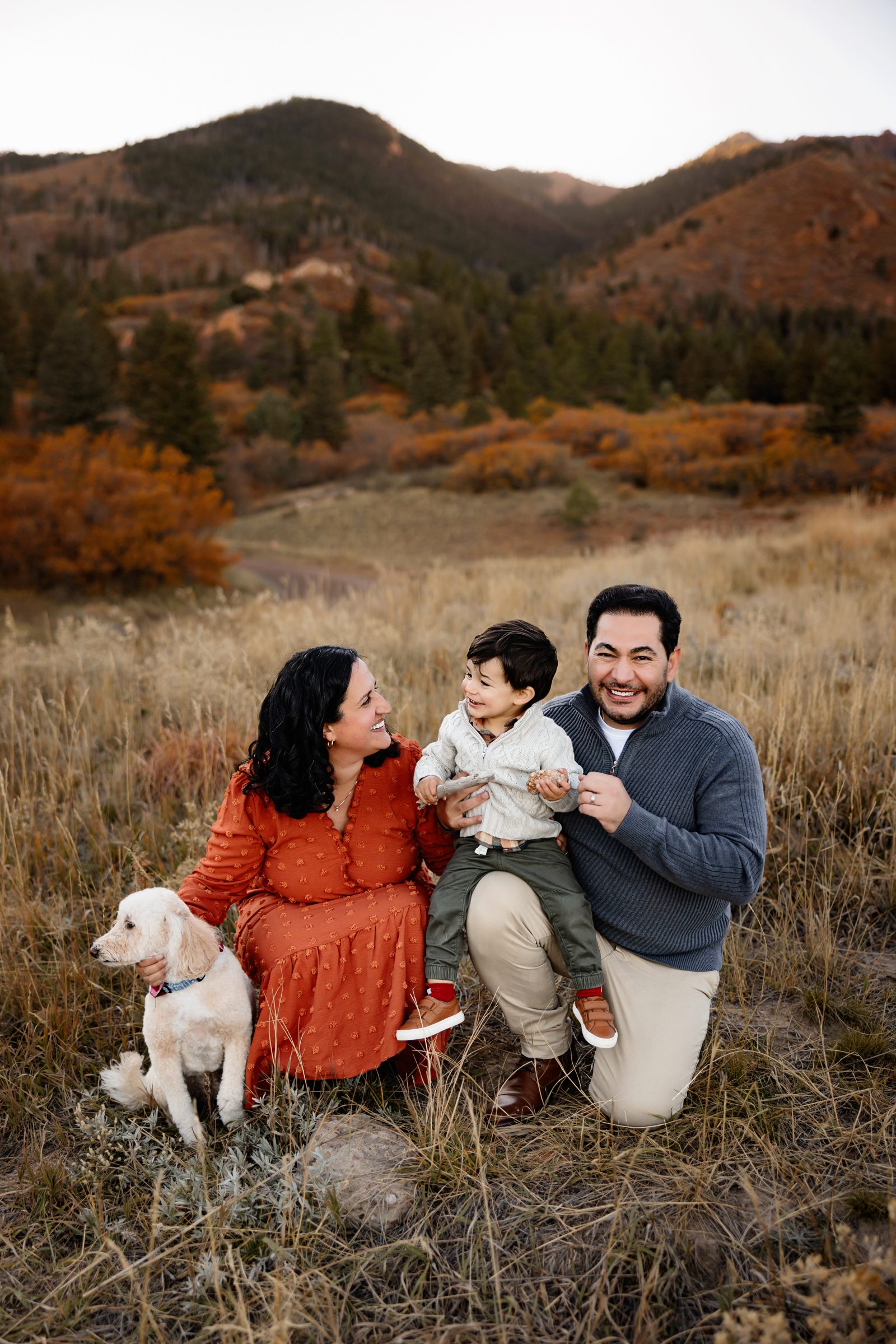 A smiling family poses with their toddler and dog during a Colorado Springs Fall Mini Session, surrounded by golden grass and colorful mountain views.