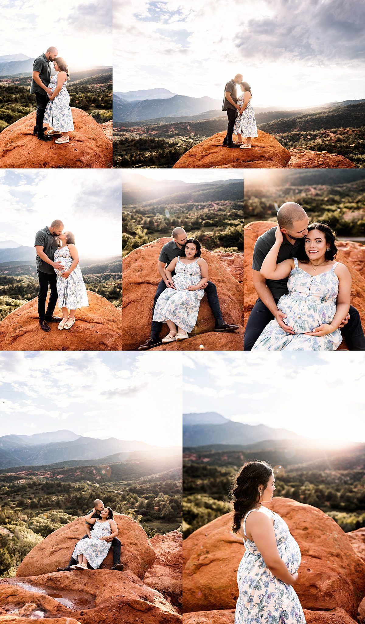 Golden Hour Maternity Photos at Garden of the Gods with sweeping mountain views, natural light, and heartfelt moments between the couple