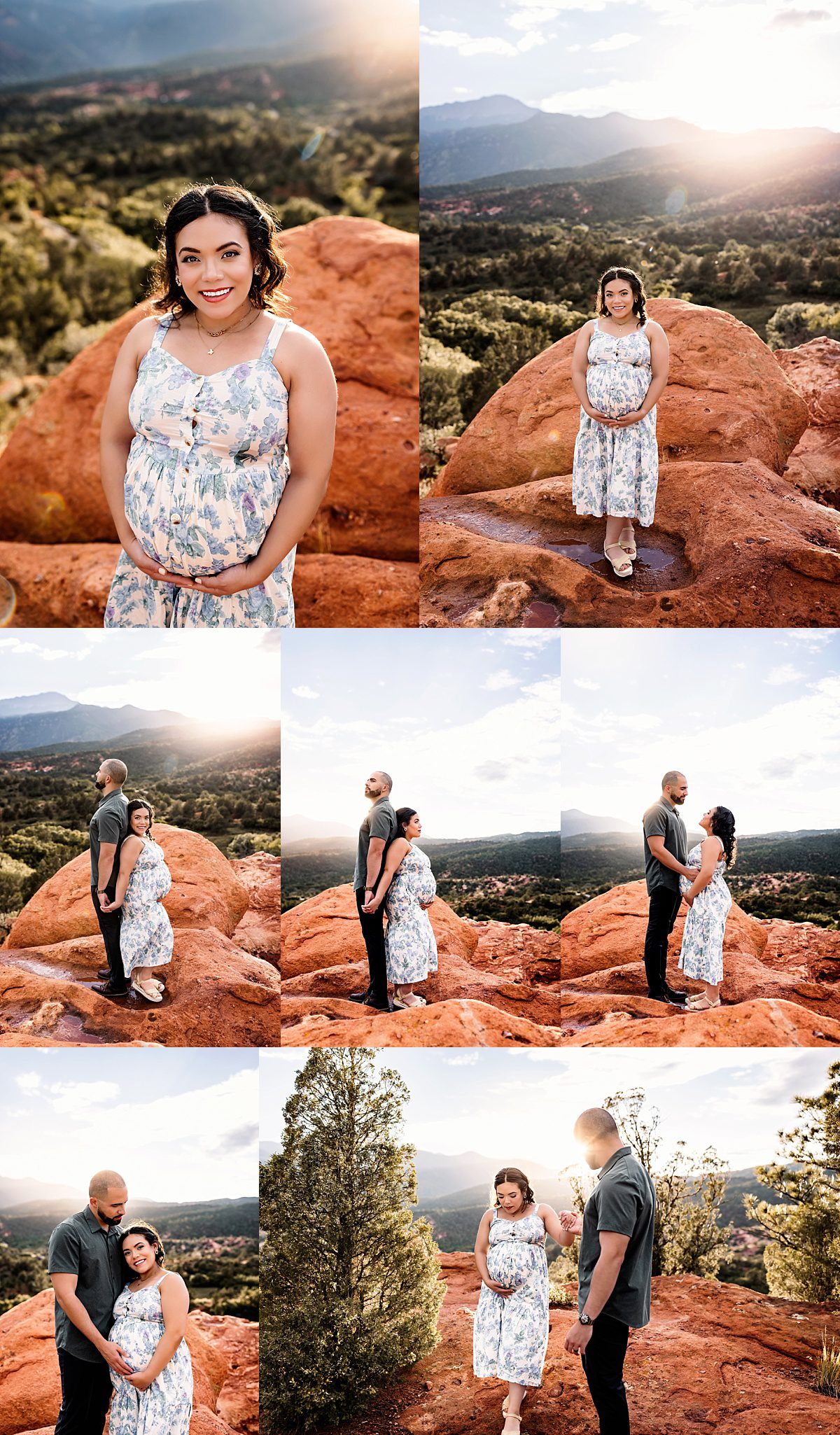 Sunset maternity session in Colorado Springs showcasing red rock landscapes, glowing skies, and intimate moments celebrating new life