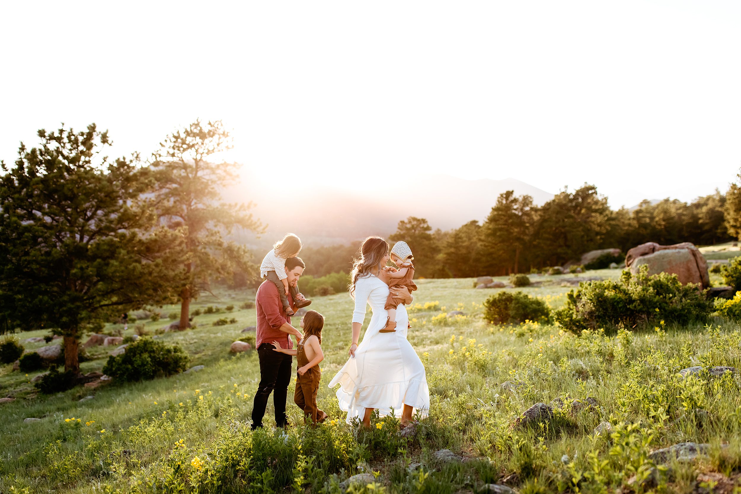 A family walking through a mountain meadow