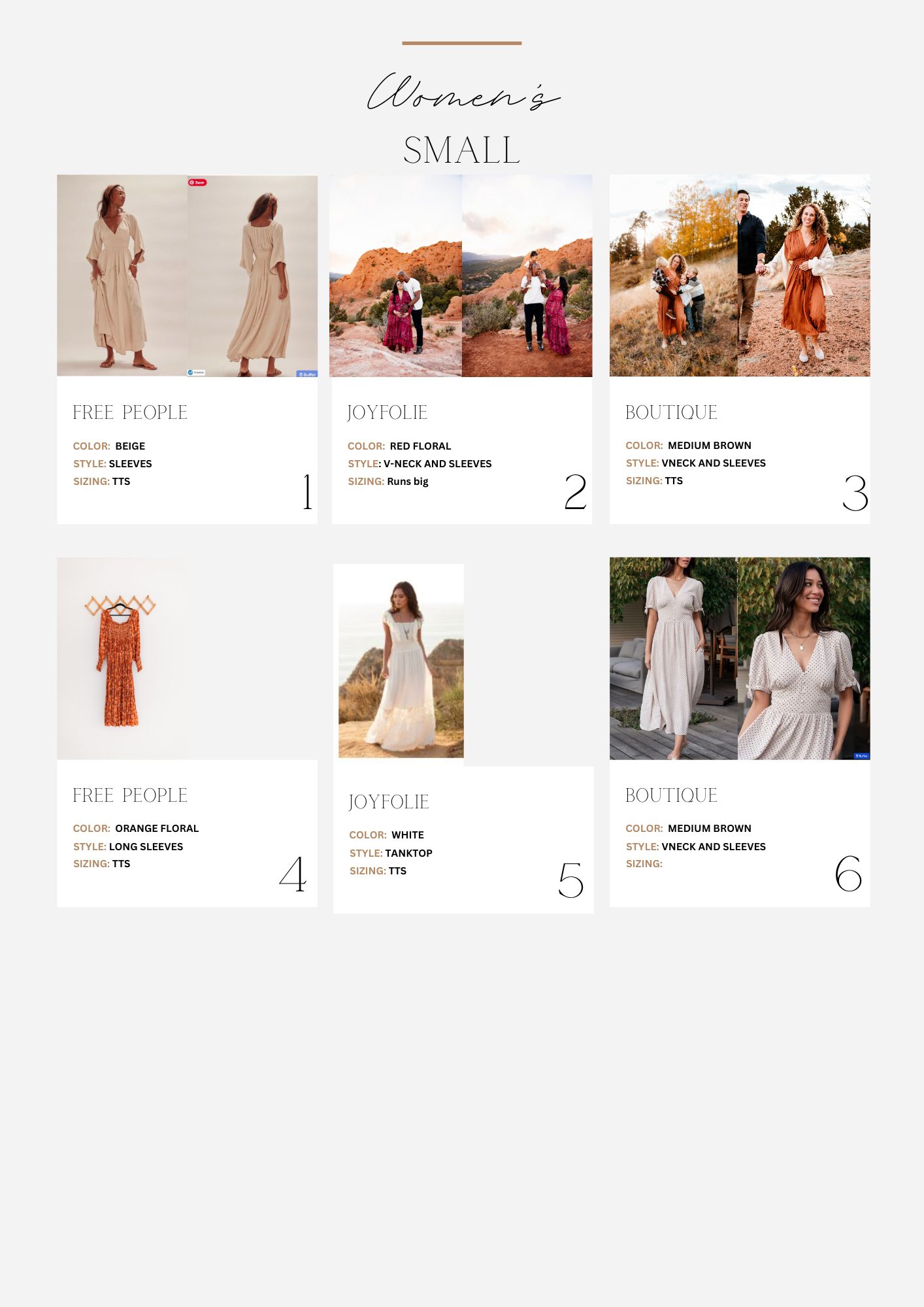 a dress catalog showing size large dresses available in the client closet