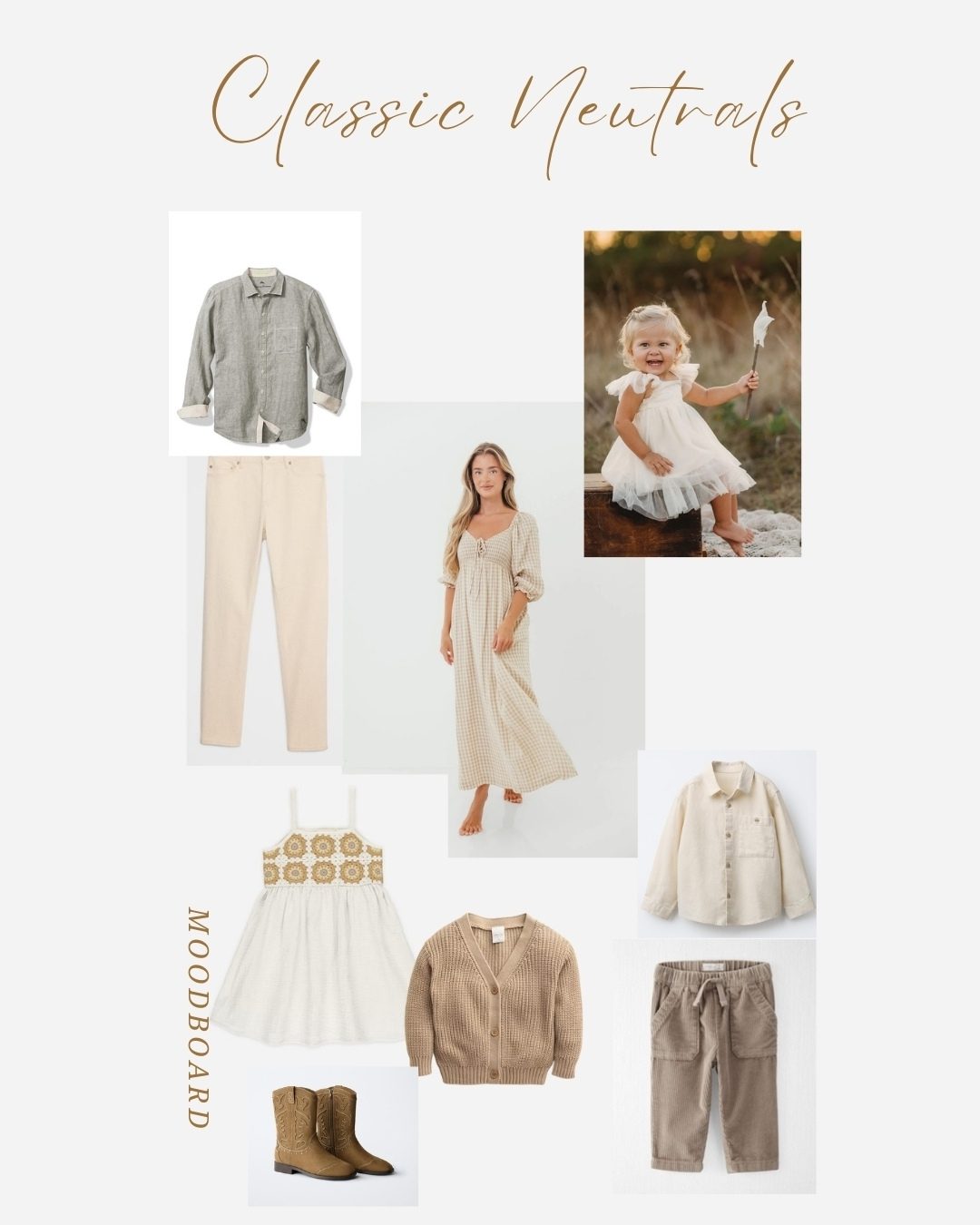 Outfit suggestions for the whole family with a classic timeless look with all neutral colors