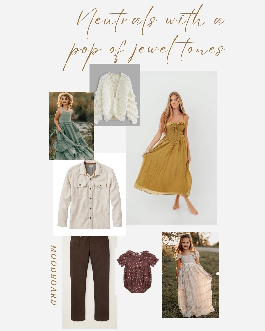 A style board showing fall outfits with a pop of soft jewel tones with suggestions for the whole family