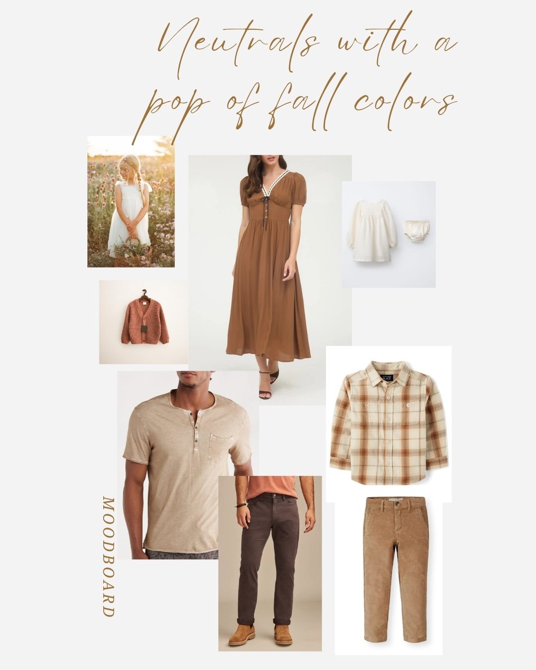A fall style board showing a pop of fall colors mixed with lots of neutrals and outfit suggestions for the whole family