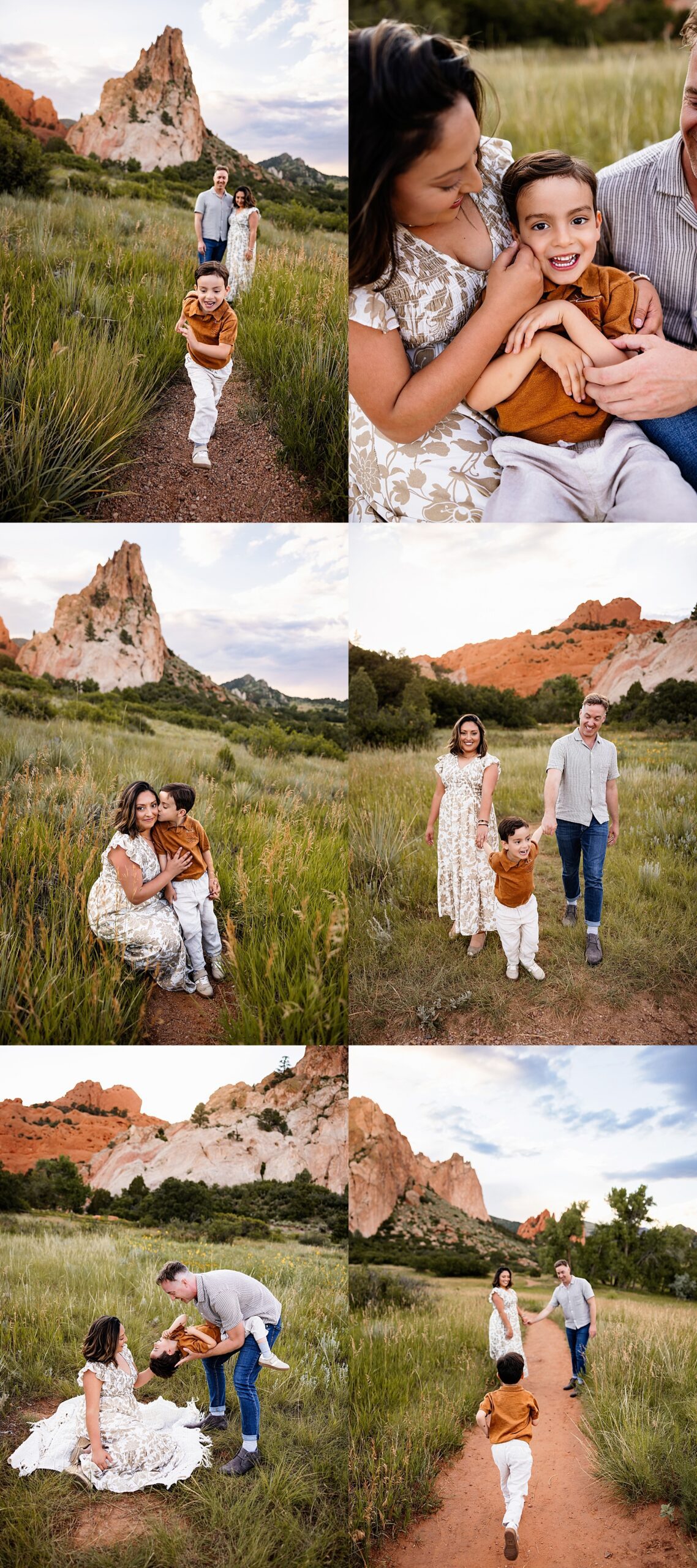 Summer Family Photos in Colorado Springs at Garden of the Gods with a playful child running along a trail and candid family moments in tall grass with red rock views