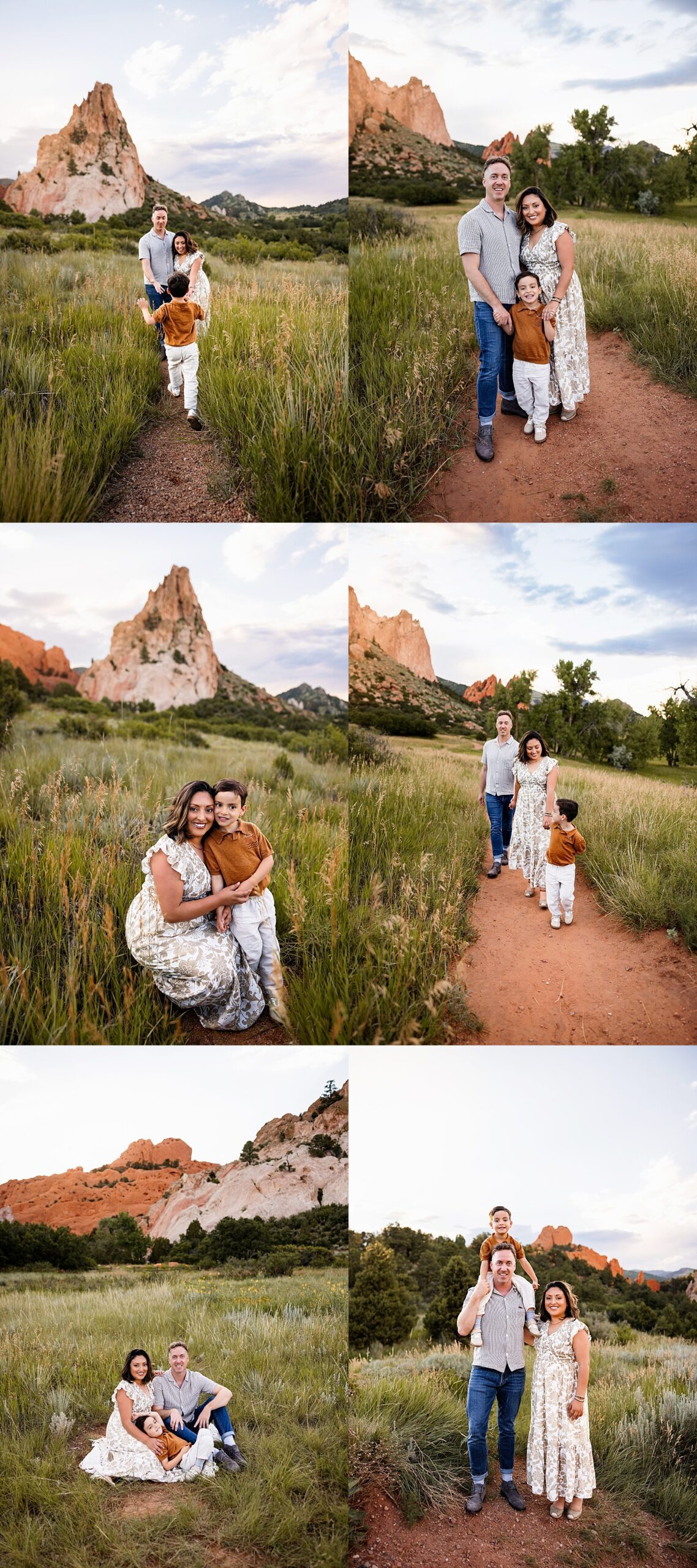 Family walking together through a grassy field with a young child running toward parents and joyful, candid moments along a dirt path