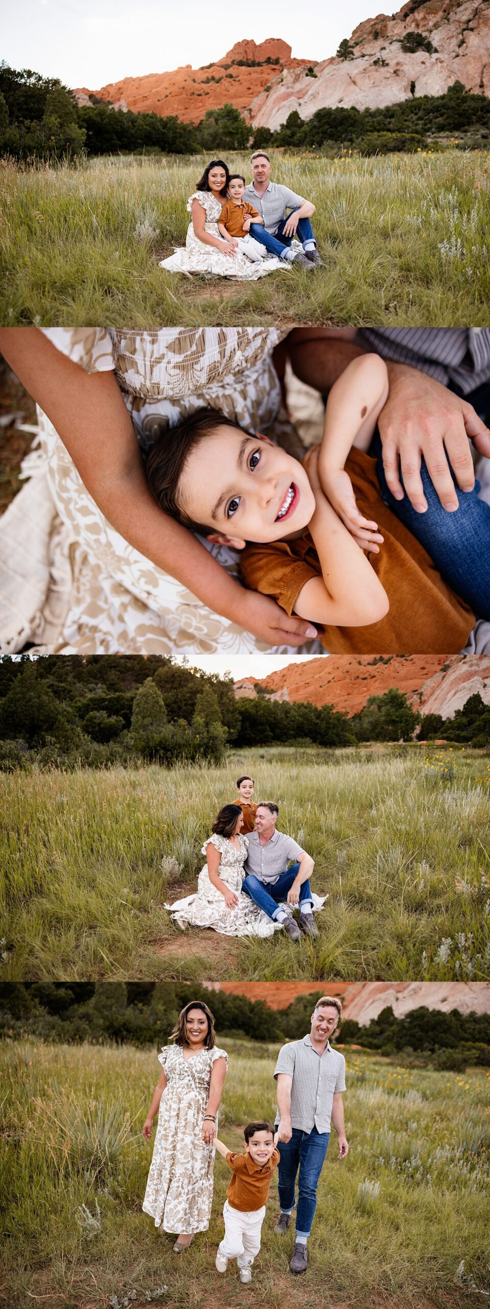 Summer Family Photos in Colorado Springs featuring a family sitting in a meadow, close-up of a smiling child, and relaxed connection in a natural outdoor setting
