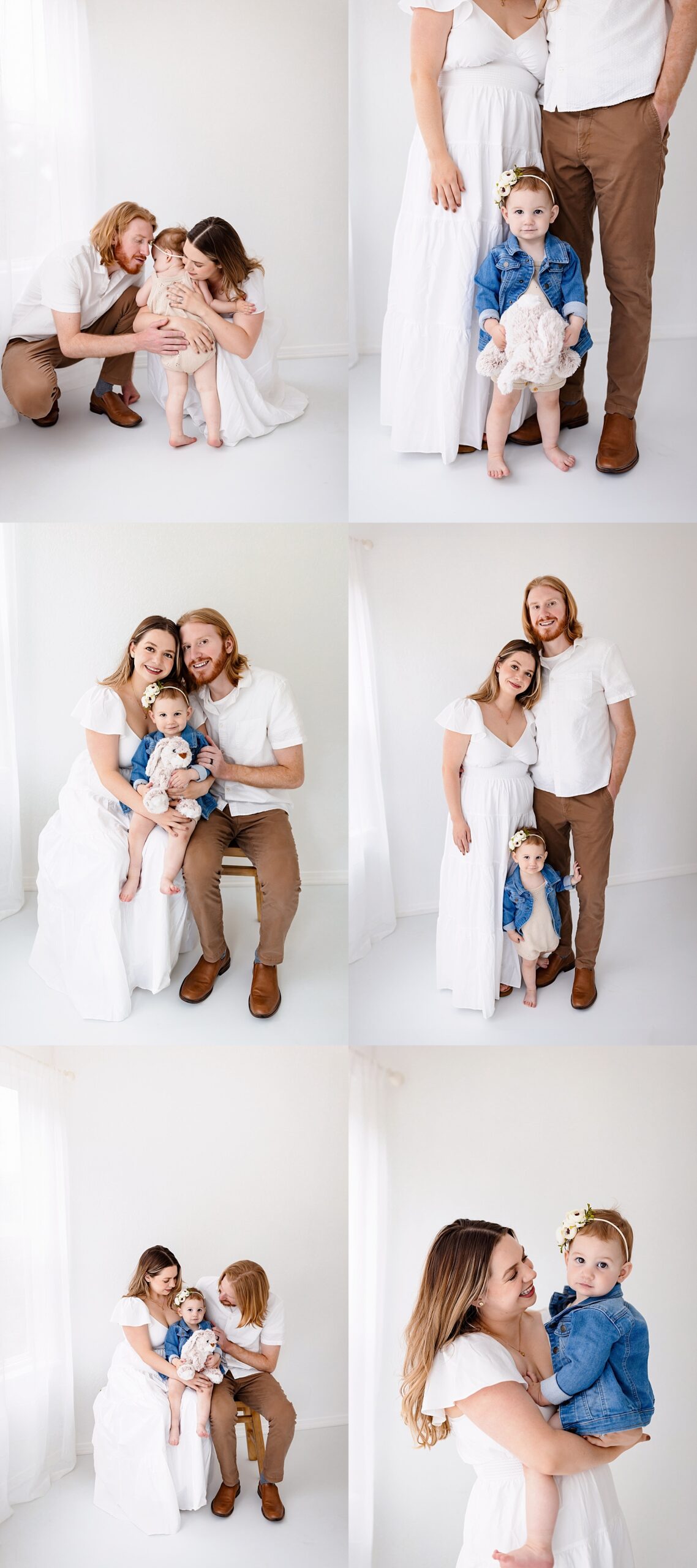 Family and toddler one-year photo session in a light-filled studio with a mix of standing, seated, and candid interactions