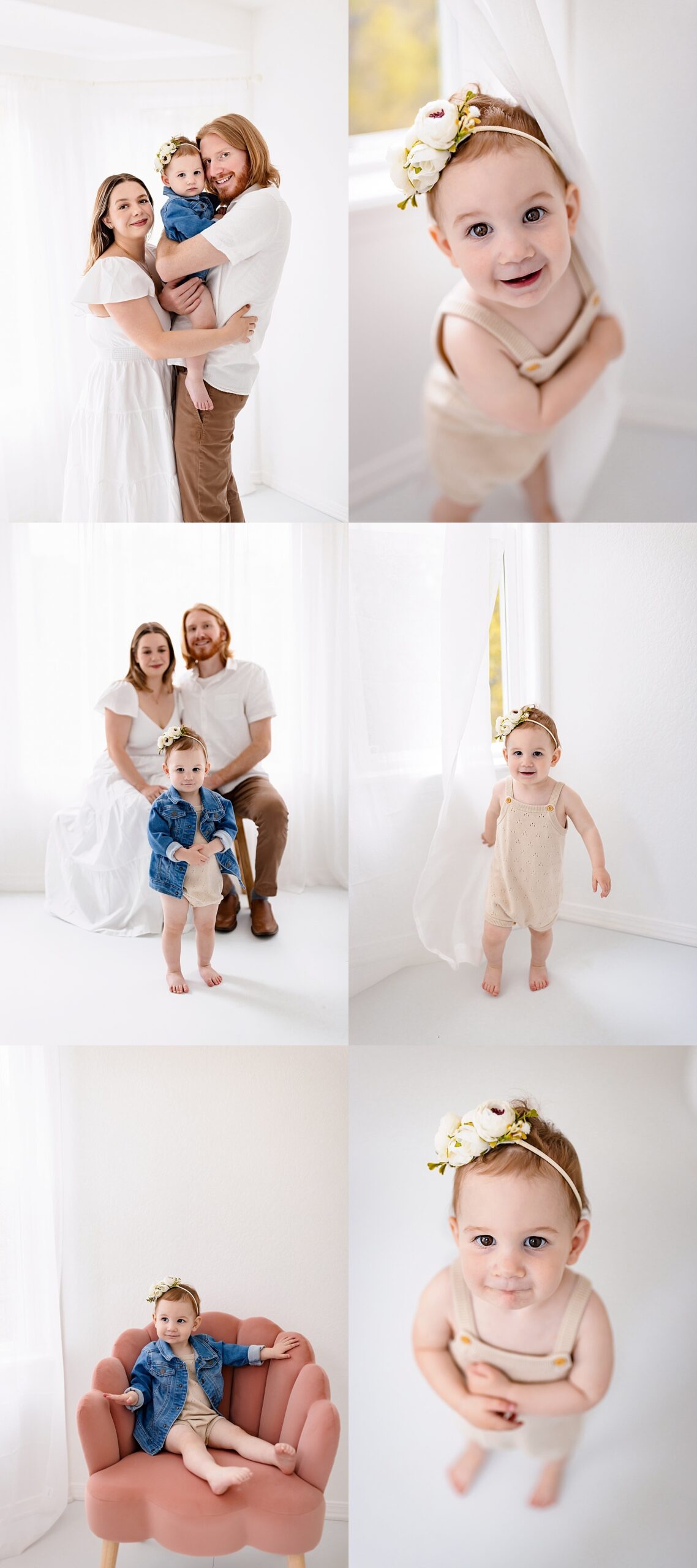 One Year milestone photos in Colorado Springs featuring a family and toddler in a bright white studio with playful and candid moments