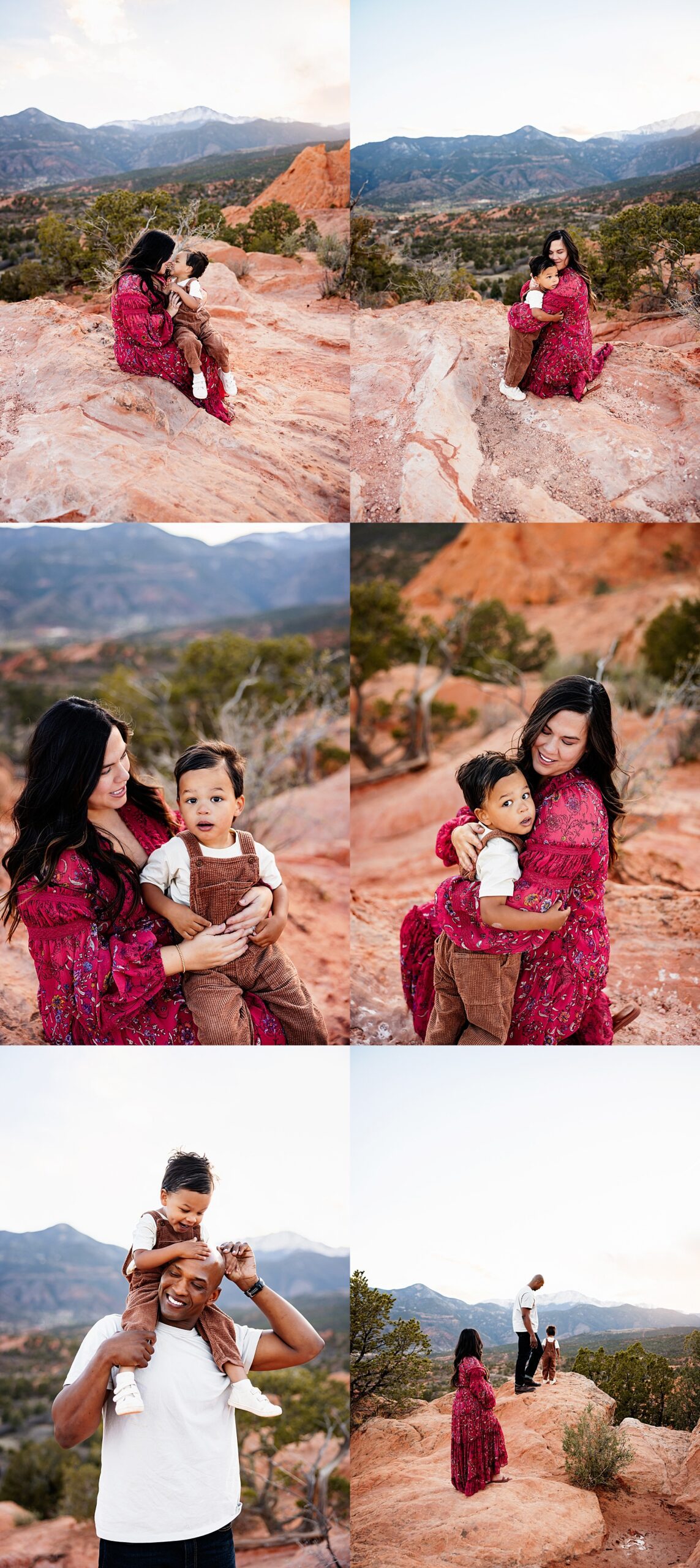 when to take maternity photos colorado featuring a mother in a flowing red dress cuddling her toddler on red rocks with mountain views at sunset