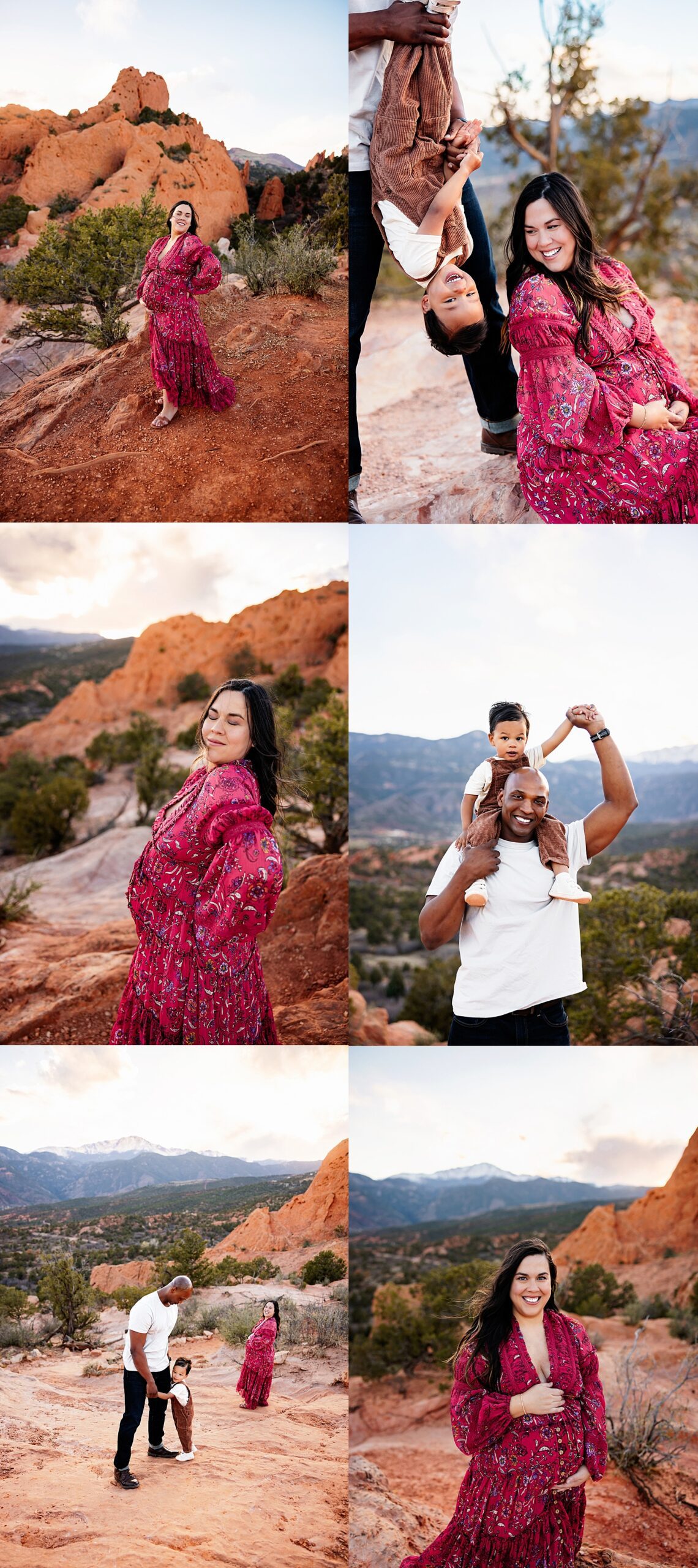 when to take maternity photos colorado showing a joyful family interacting on red rock formations with soft golden light and open views