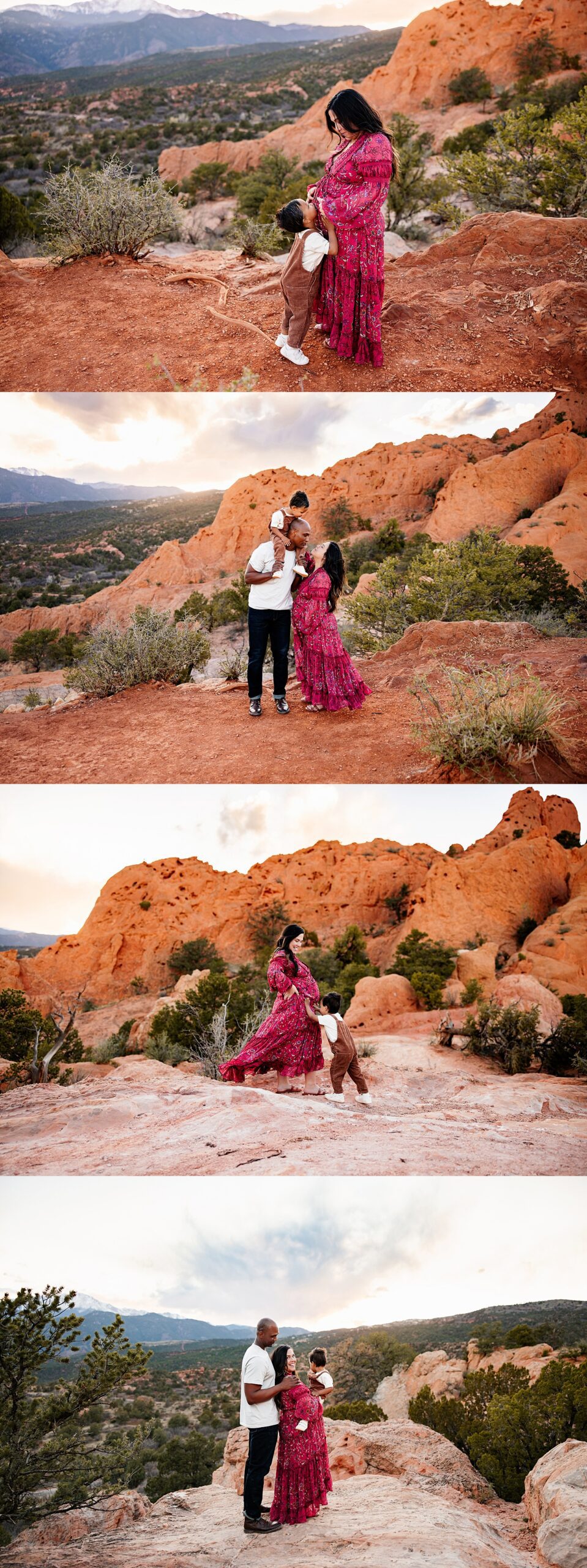 Family maternity session at a red rock location with playful moments between parents and toddler and scenic Colorado mountains