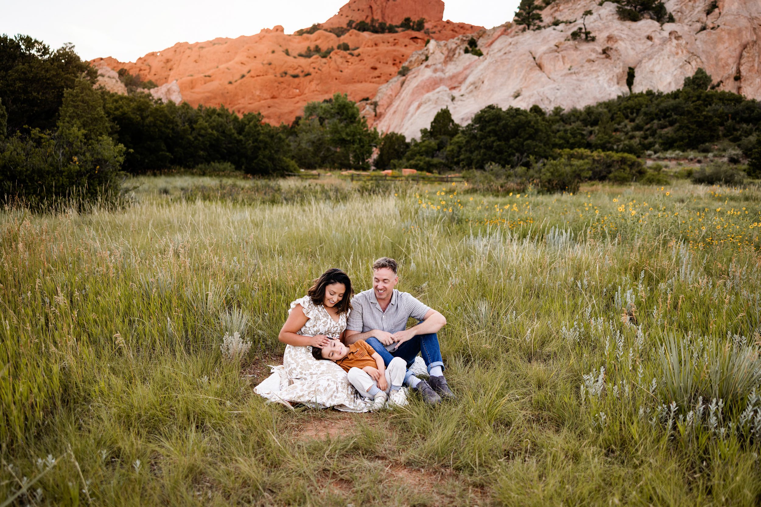 Summer Family Photos in Colorado Springs of parents relaxing in a grassy field while their child lays across their laps