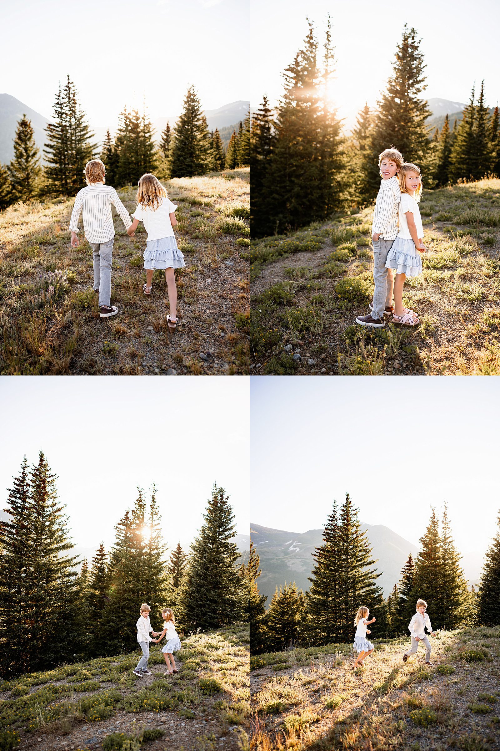 Family Photos in Breckenridge at Hoosier Pass featuring siblings walking hand in hand, playing, and laughing in golden hour mountain light