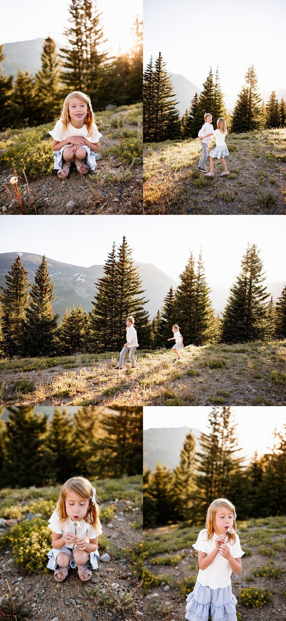 Playful sibling moments with twirling, running, and soft sunset light at Hoosier Pass