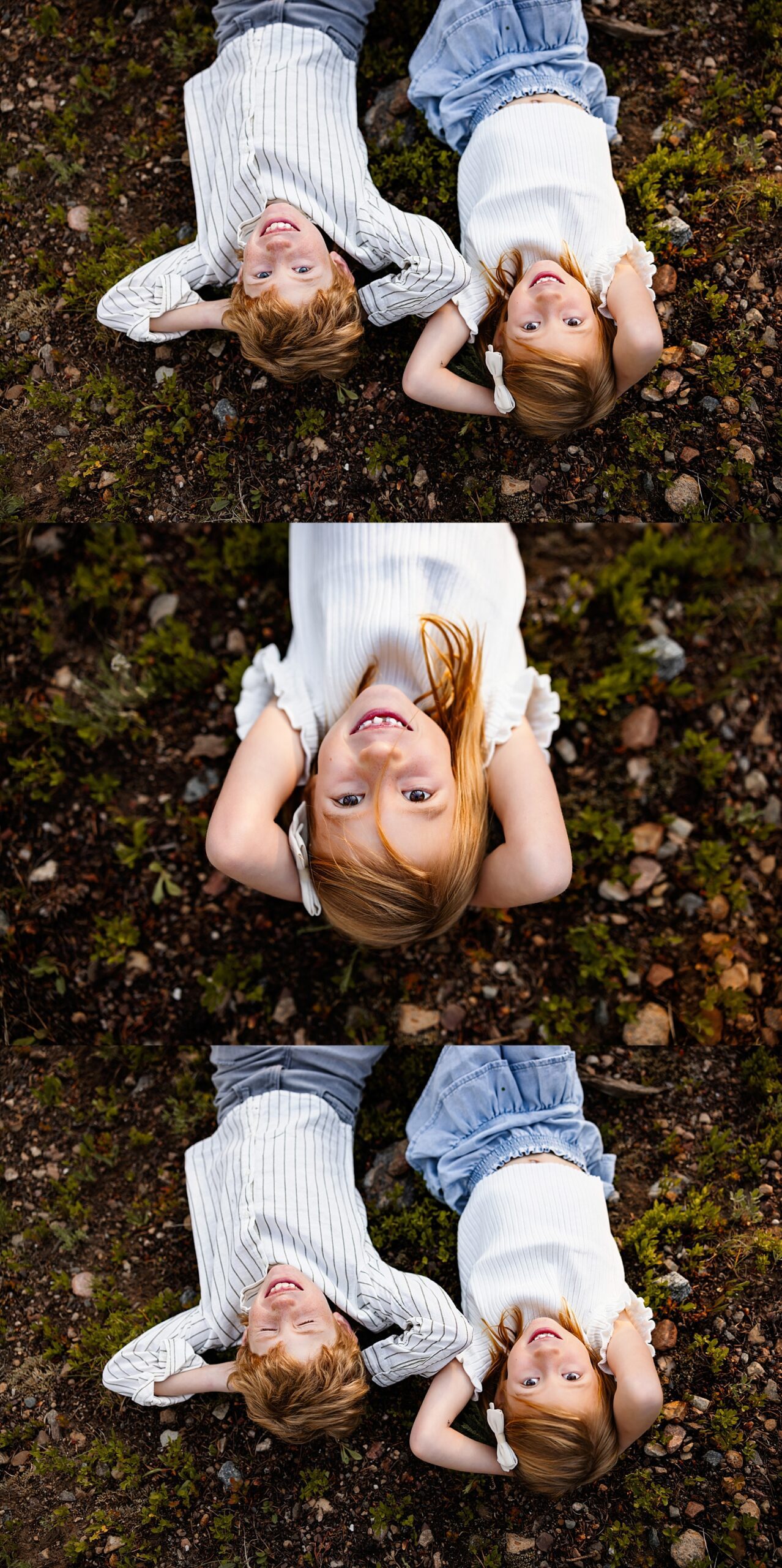 Overhead portraits of siblings lying in wildflowers capturing playful and relaxed moments