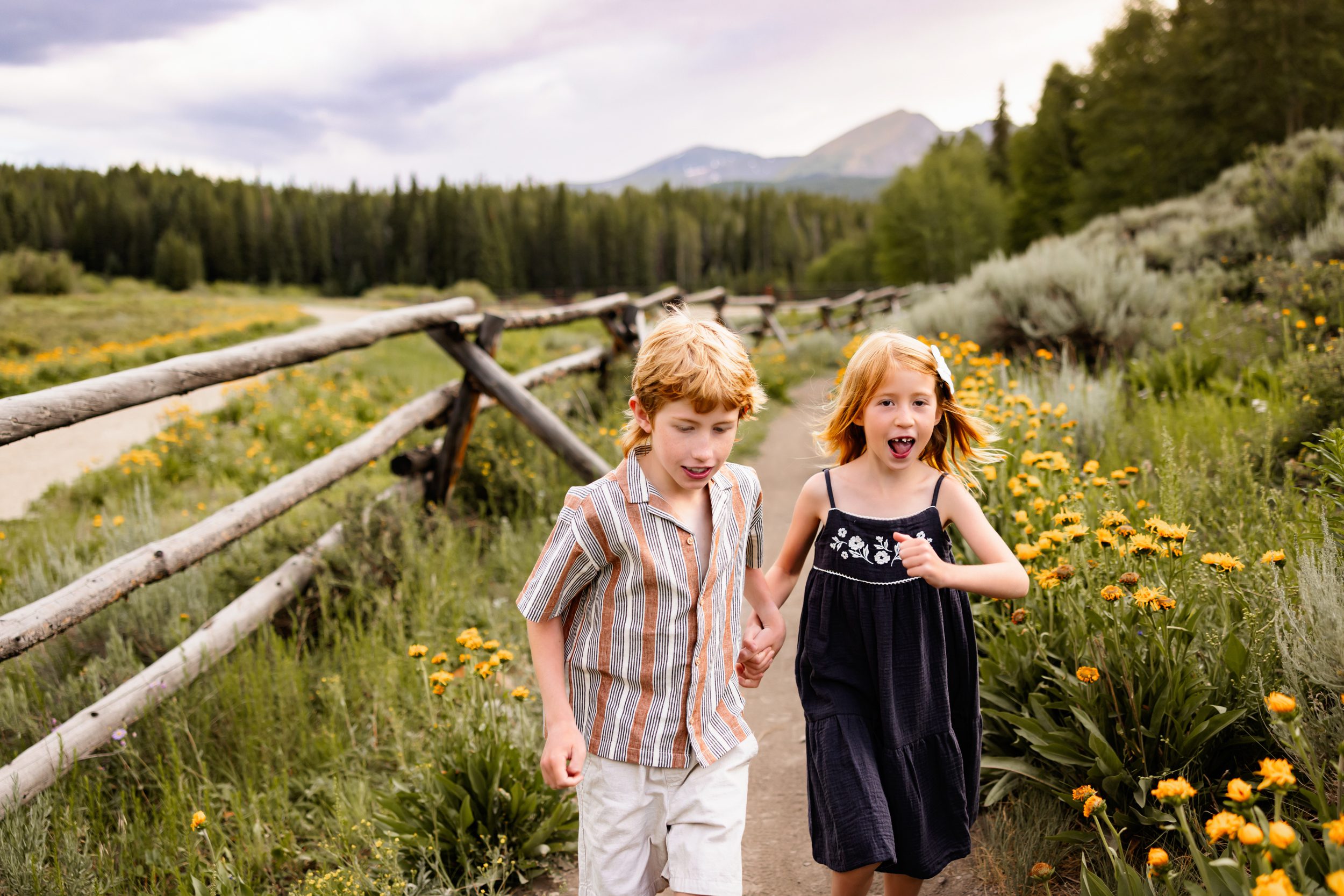 Breckenridge Family Photographer capturing siblings running along a wildflower-lined trail with mountain views