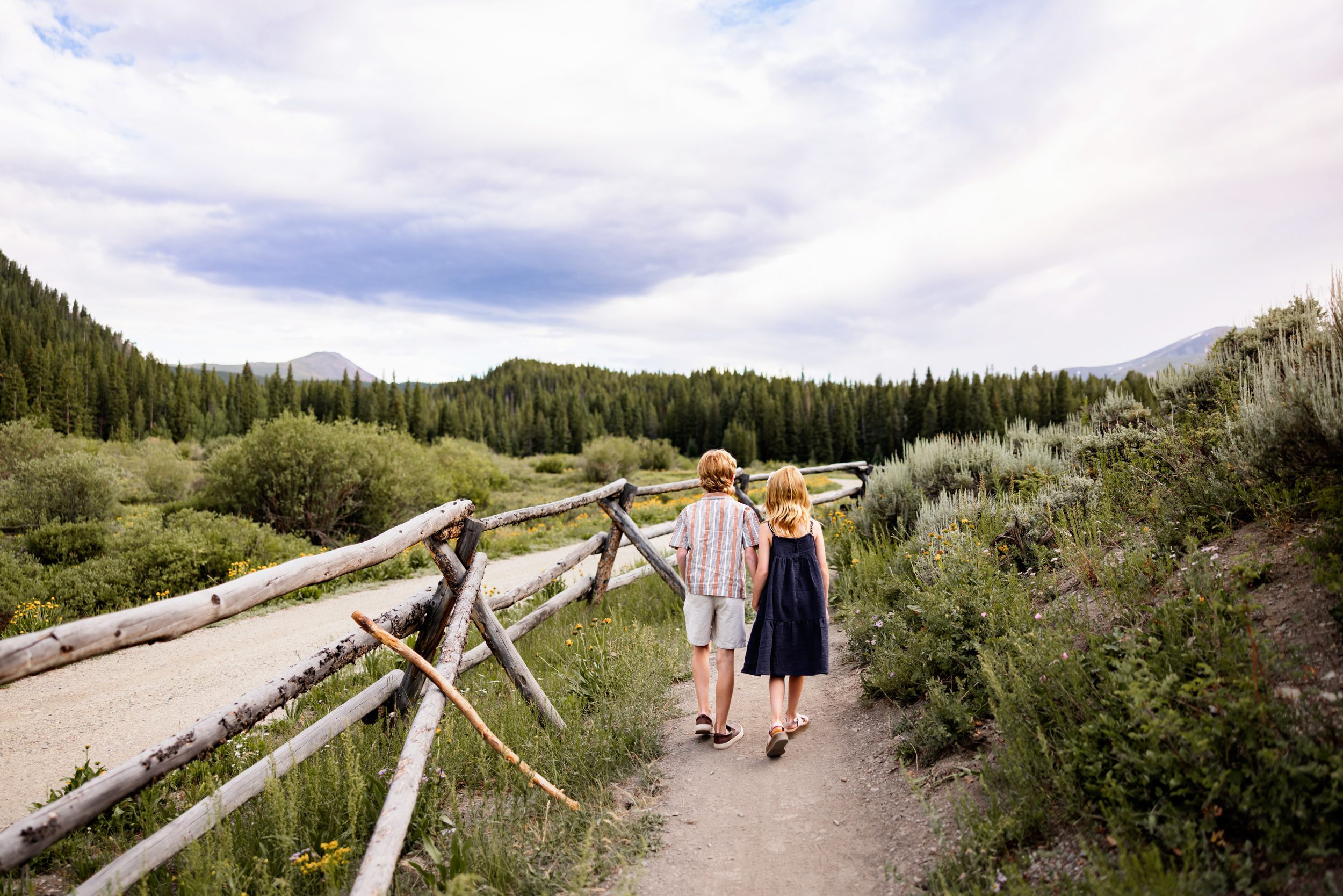 Kids walking away down a dirt trail with wildflowers, pine trees, and mountain views in Breckenridge