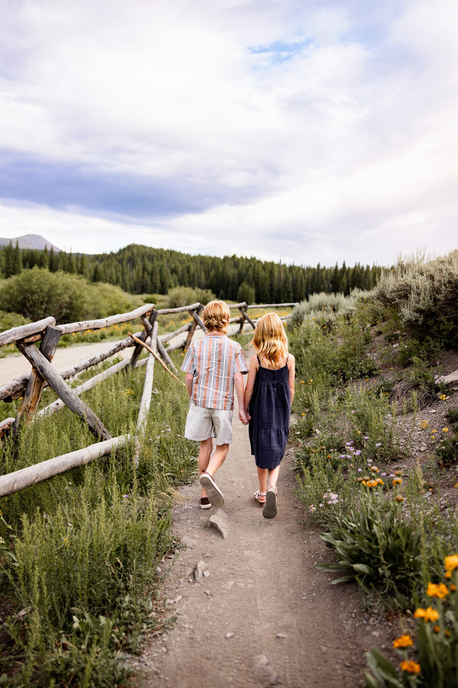 Breckenridge wildflower family photos of siblings holding hands and running through a colorful alpine meadow