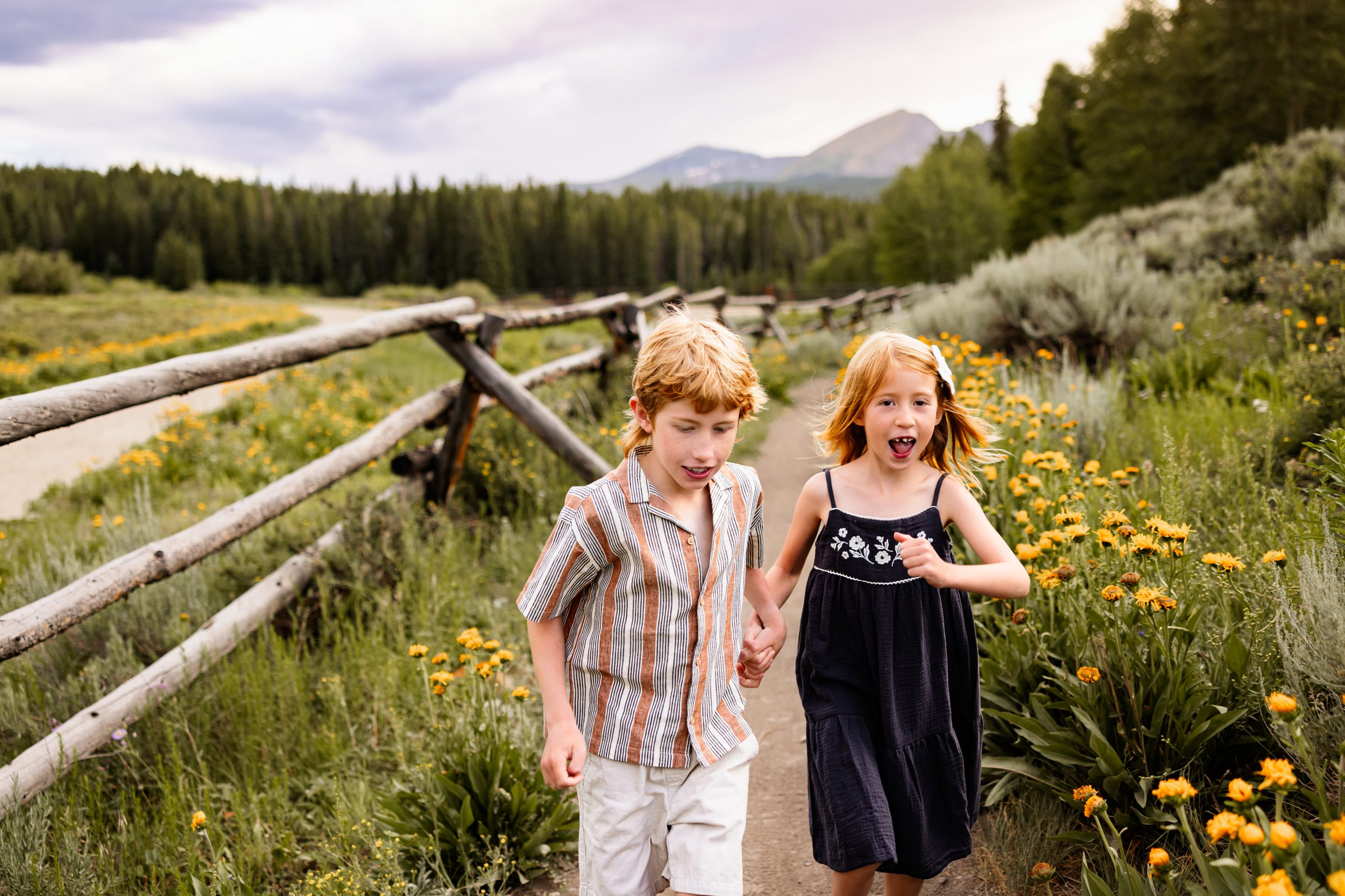 Breckenridge wildflower family photos of two kids running along a mountain trail lined with yellow flowers and wooden fence