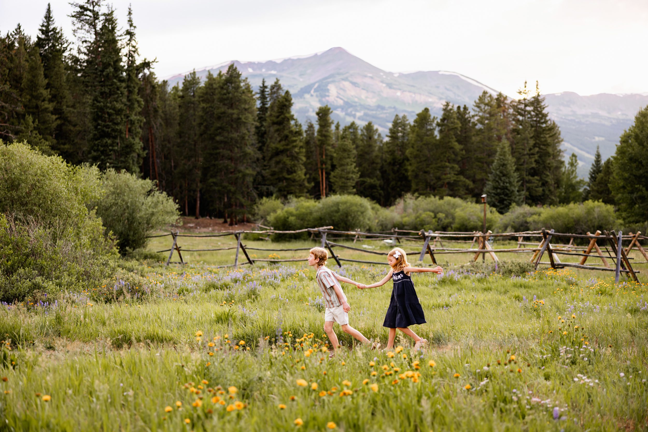 Breckenridge wildflower family photos of siblings holding hands and running through a colorful alpine meadow with mountain views
