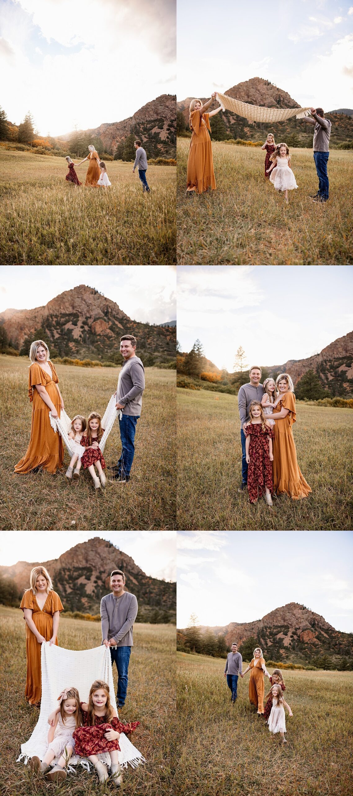 collage of a family using a blanket for playful moments, kids sitting and laughing while parents hold the edges, with warm fall light and mountain scenery