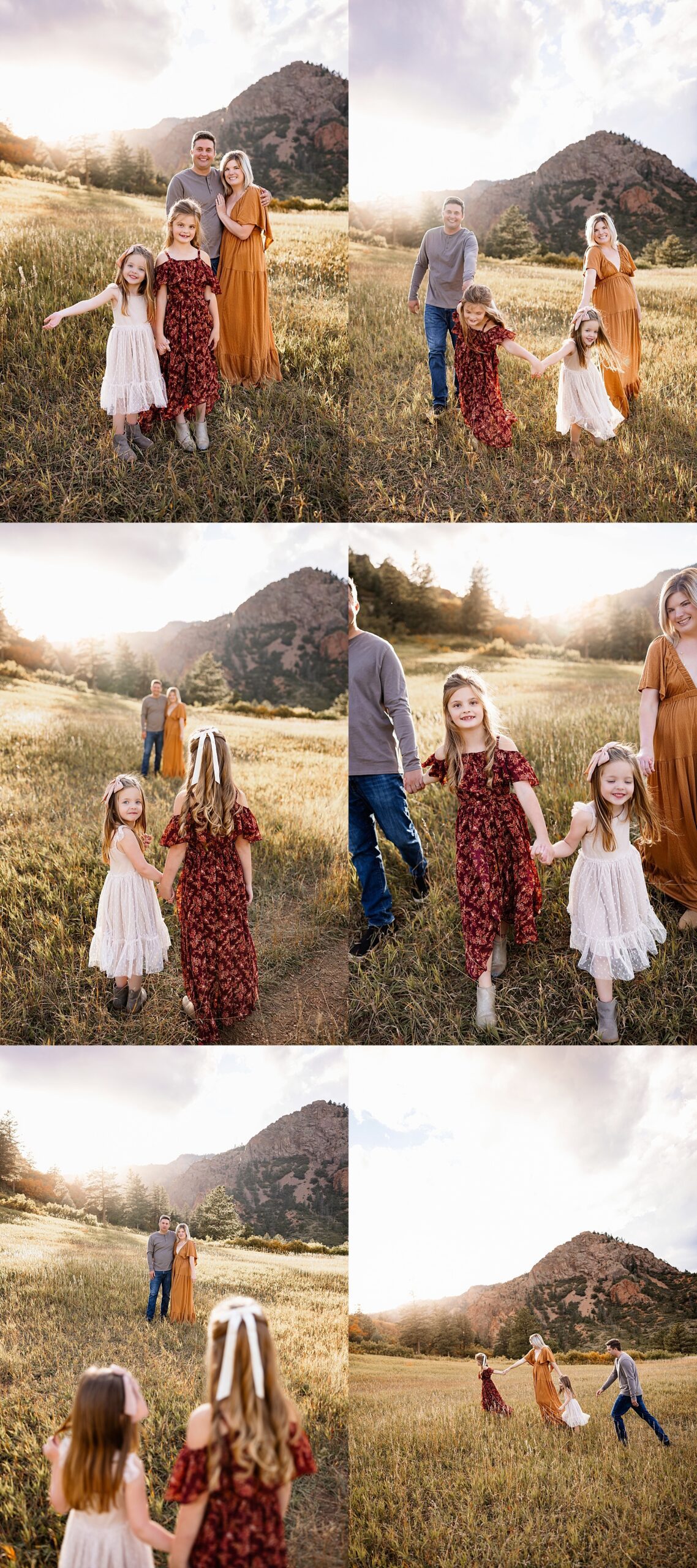 playful family walking through a golden field, kids running toward their parents, and cozy moments together with mountain views