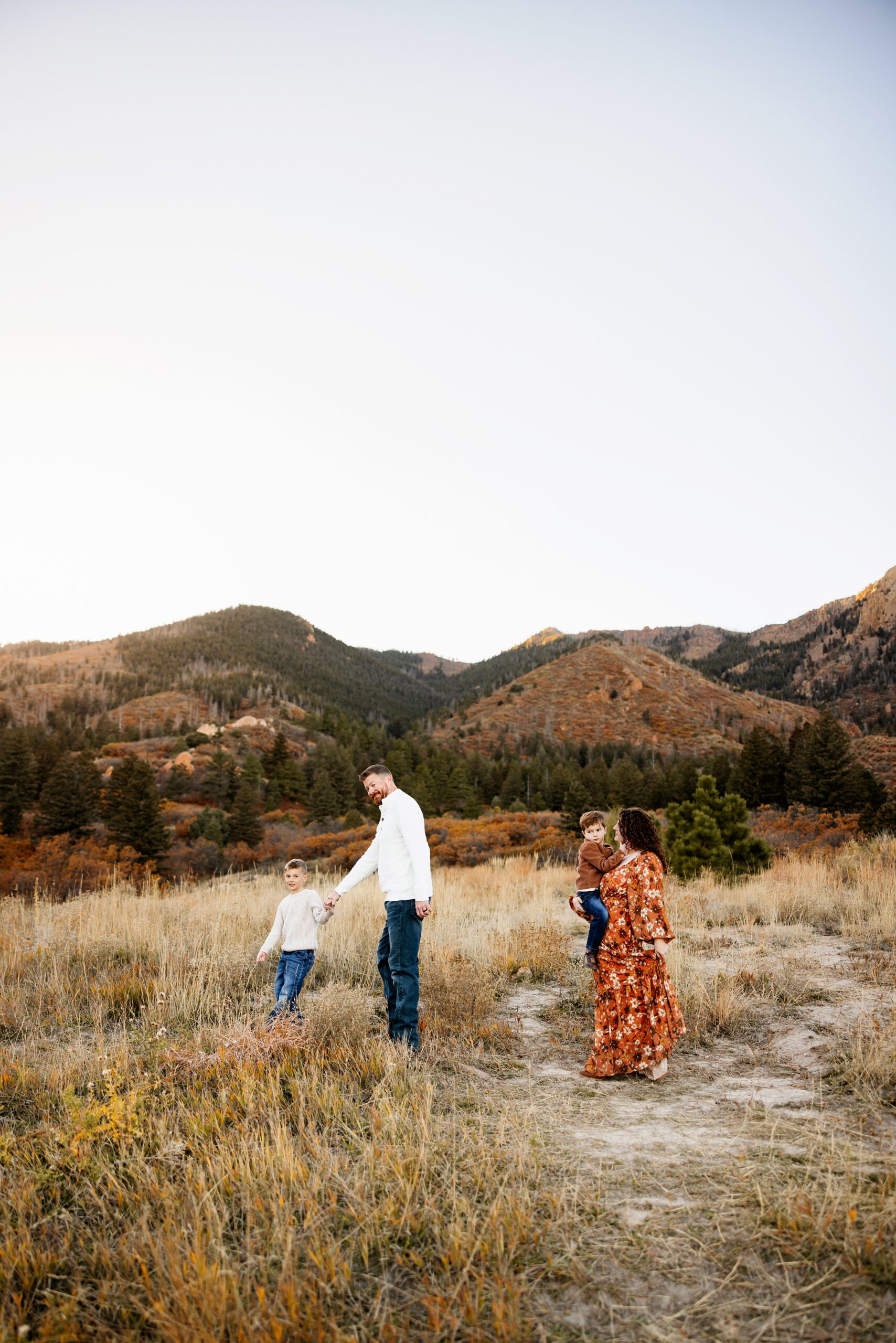 Family walking through a mountain meadow with soft fall colors and golden grasses in Colorado Springs