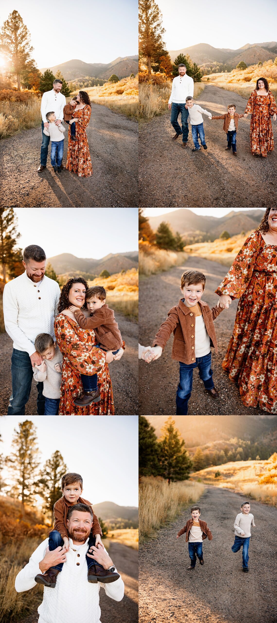 Fall Photo Session in Colorado Springs collage showing candid family moments walking, playing, and laughing in golden mountain light