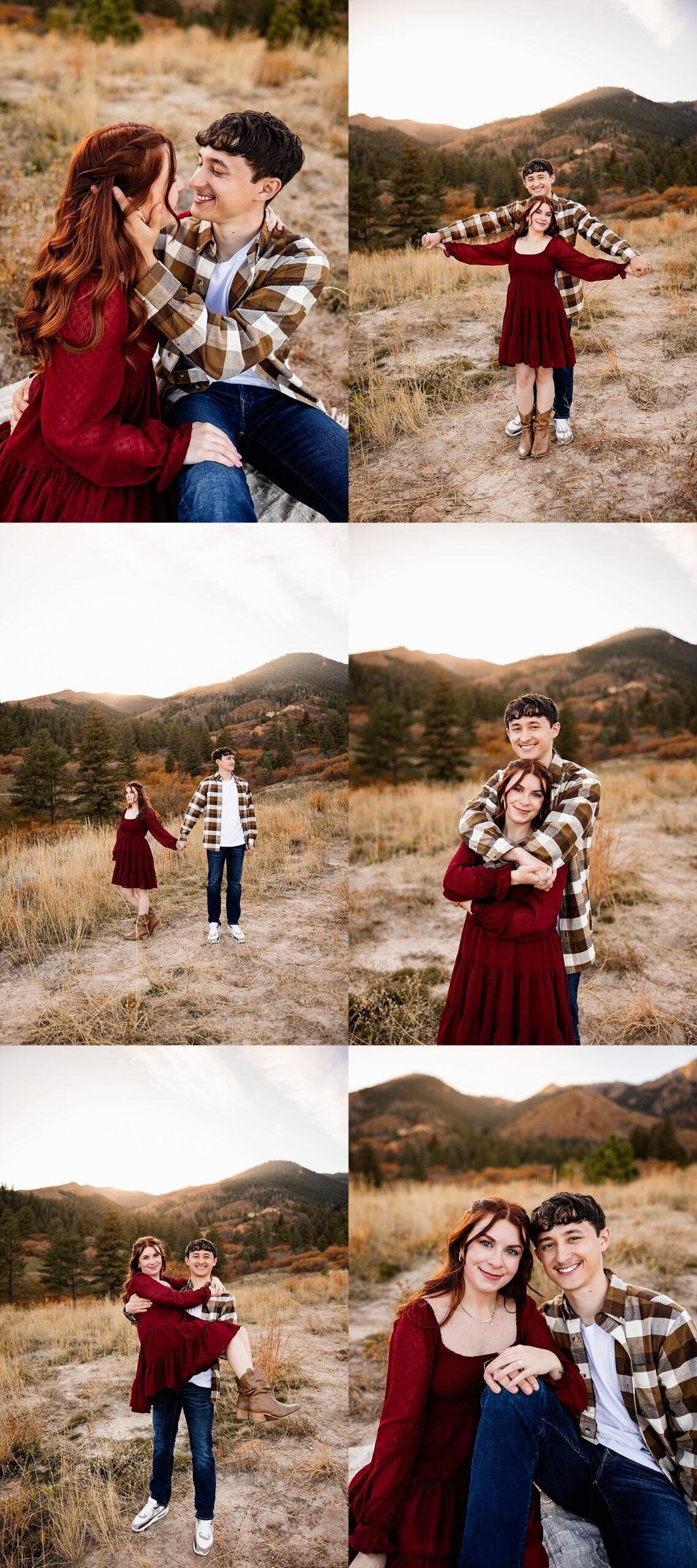 Collage of Fall Engagement Photos with a couple walking hand in hand with mountain views and fall colors