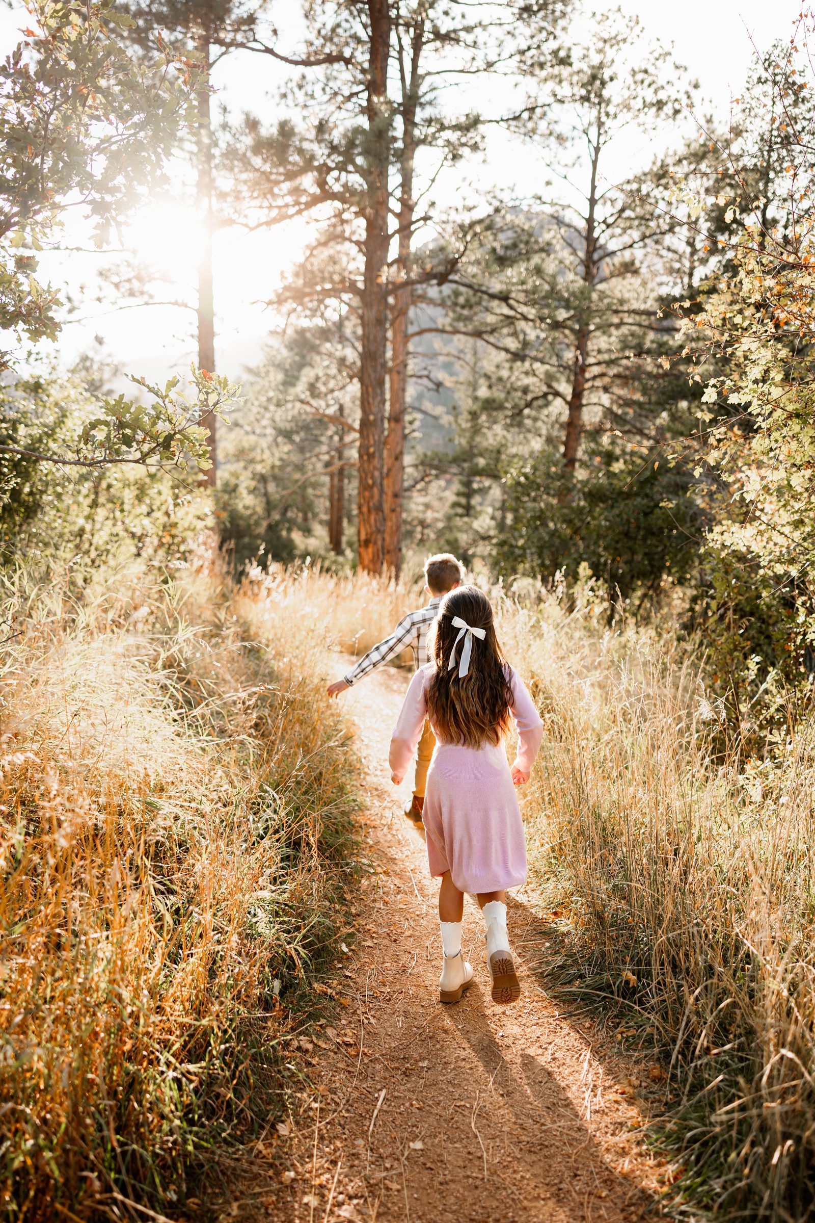 North Cheyenne Canon Family Photos of children walking along a sunlit trail through tall grass