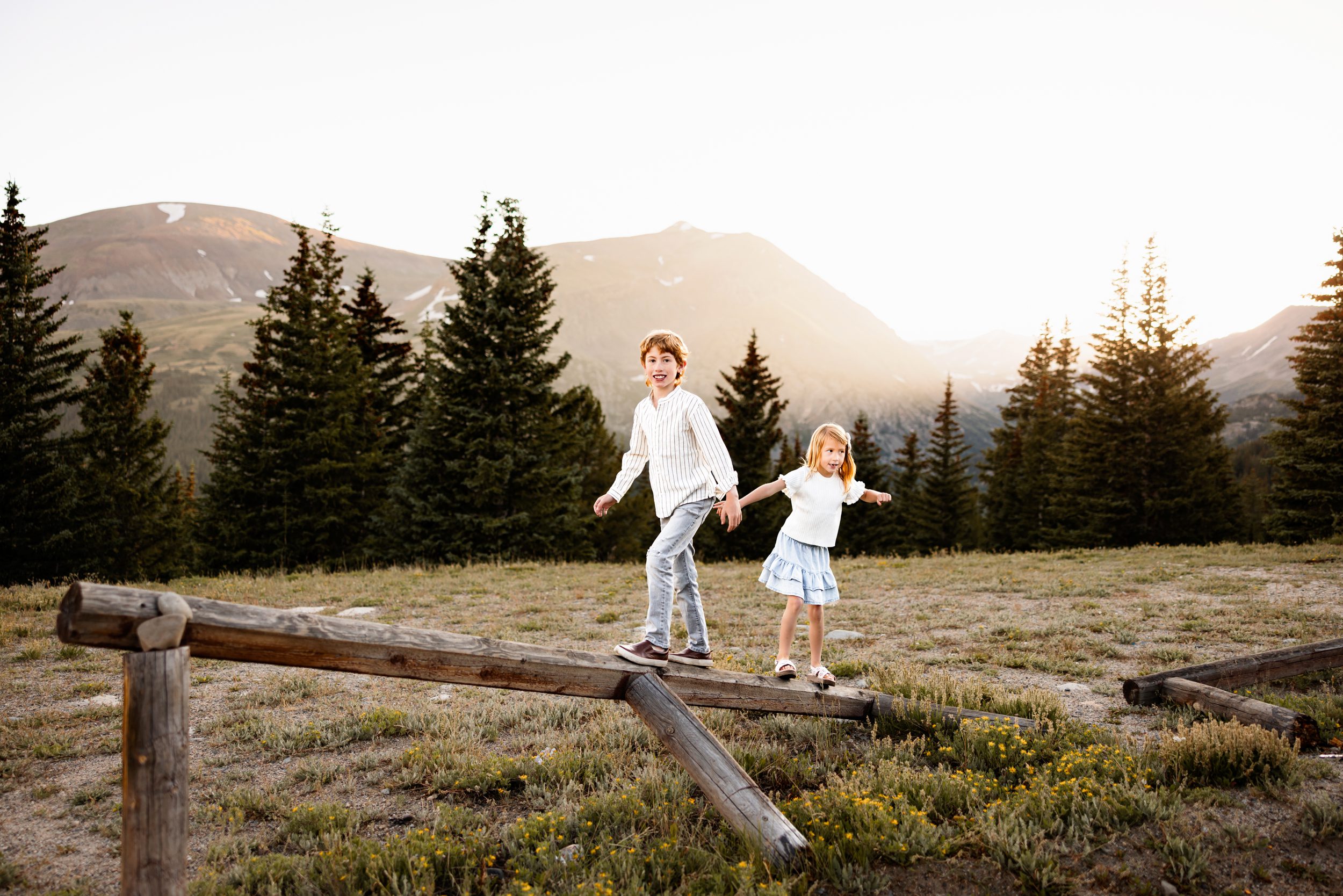 Siblings balancing on a rustic fence during Family Photos in Breckenridge at Hoosier Pass with mountain views