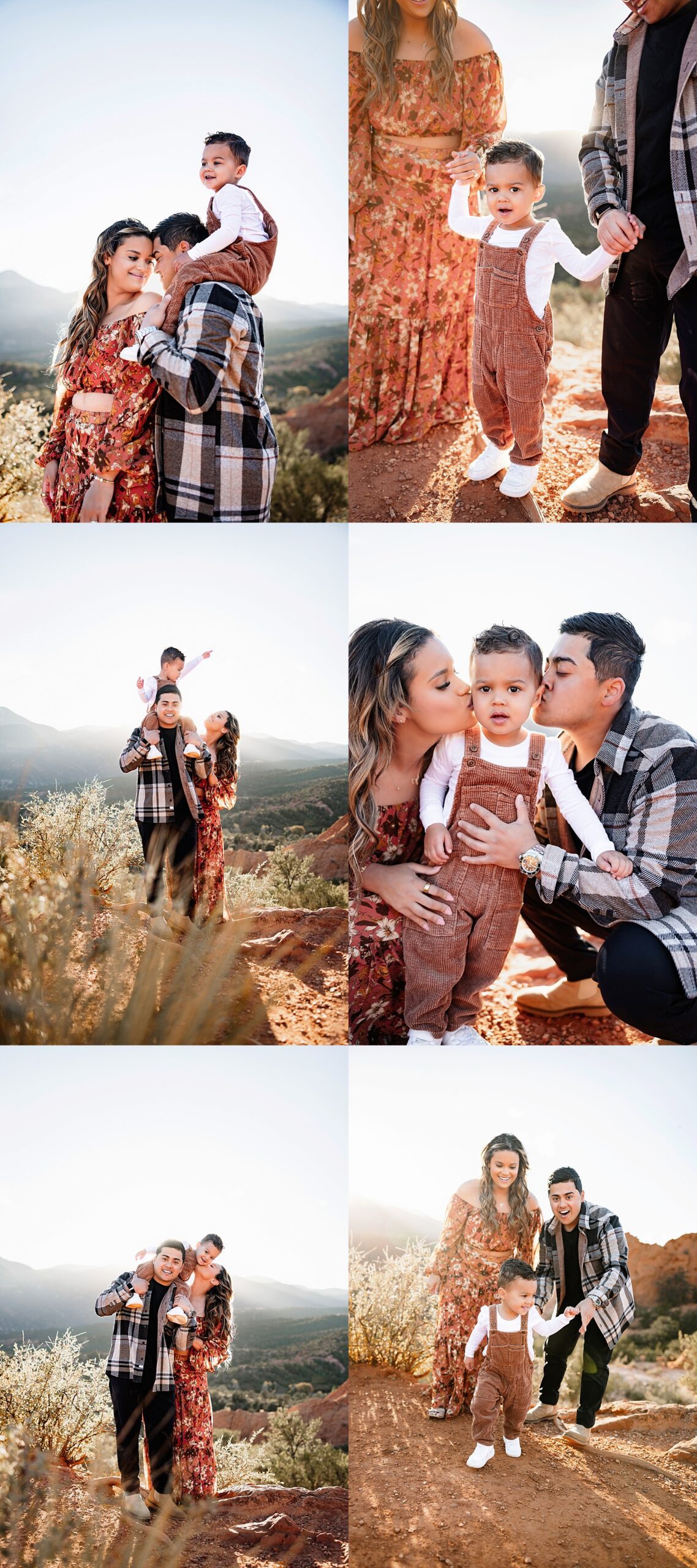 Garden of the Gods Mini Session collage of playful toddler moments, family cuddles, and candid interactions on red rock landscape