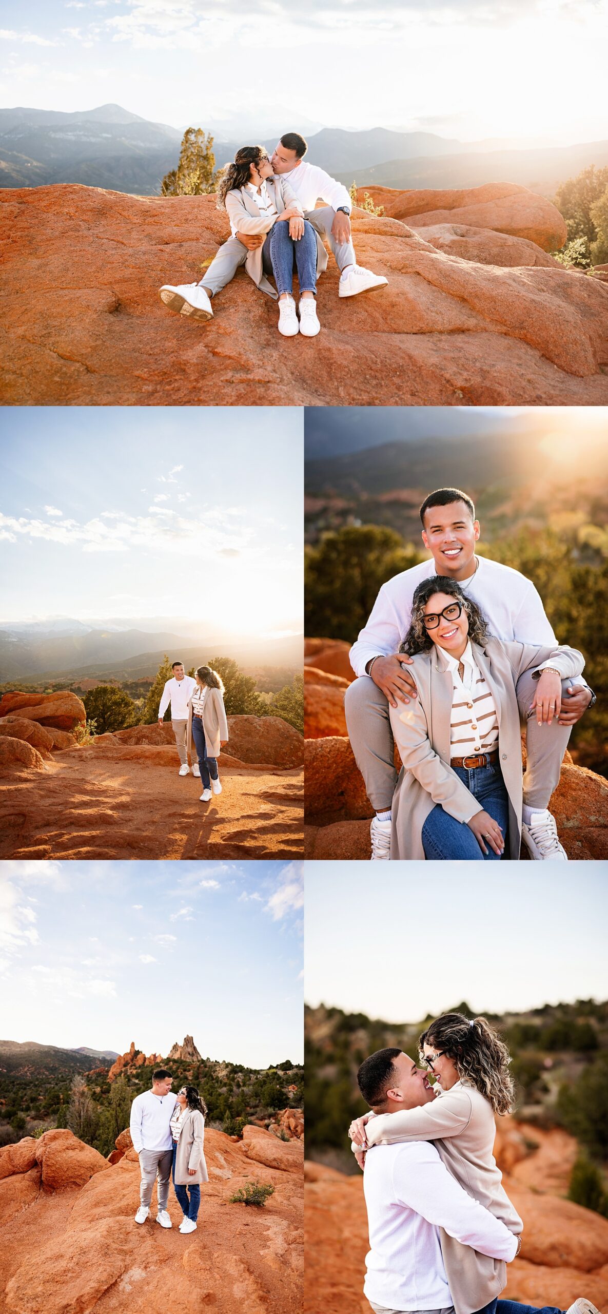 Romantic collage of couple cuddling and walking together on red rocks with glowing sunset light in Garden of the Gods proposal photos