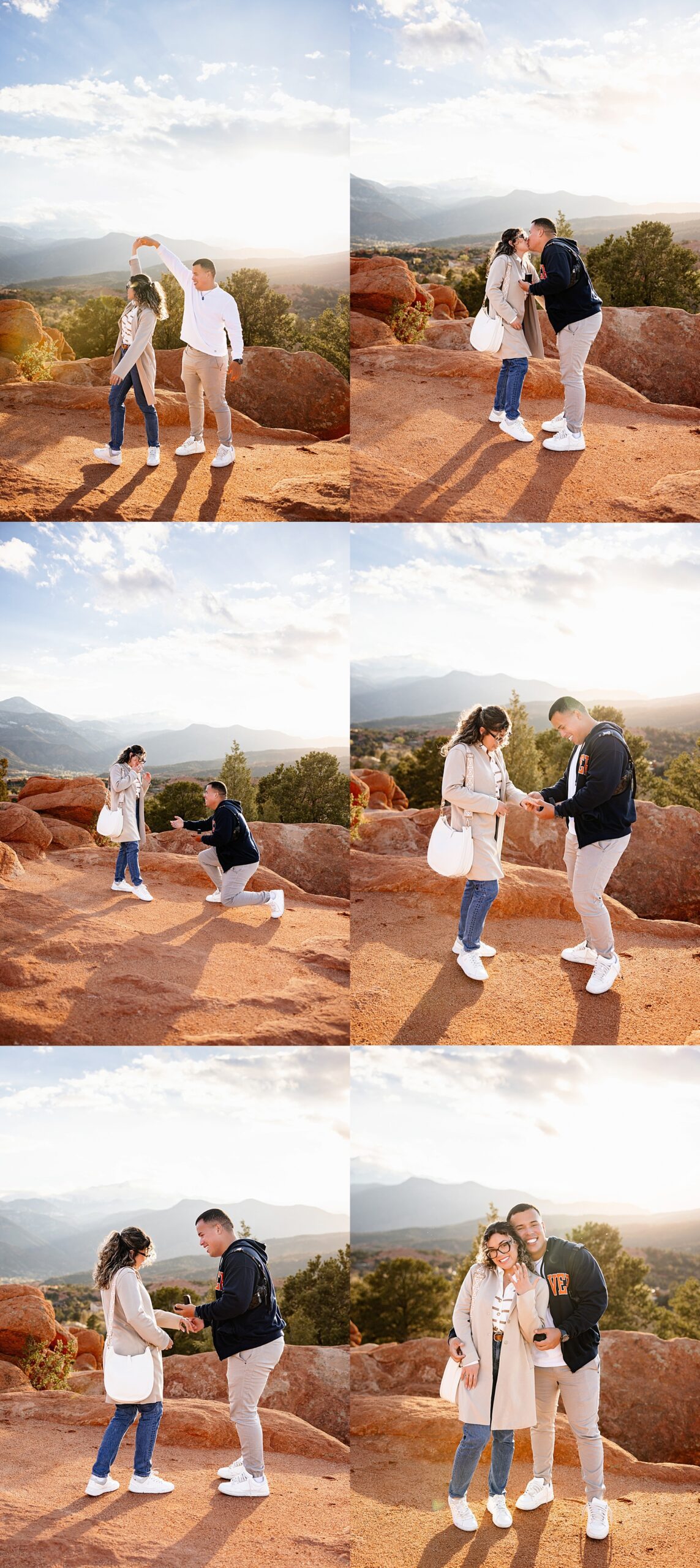 Proposal sequence collage showing man getting down on one knee and partner reacting with joy on scenic red rock overlook