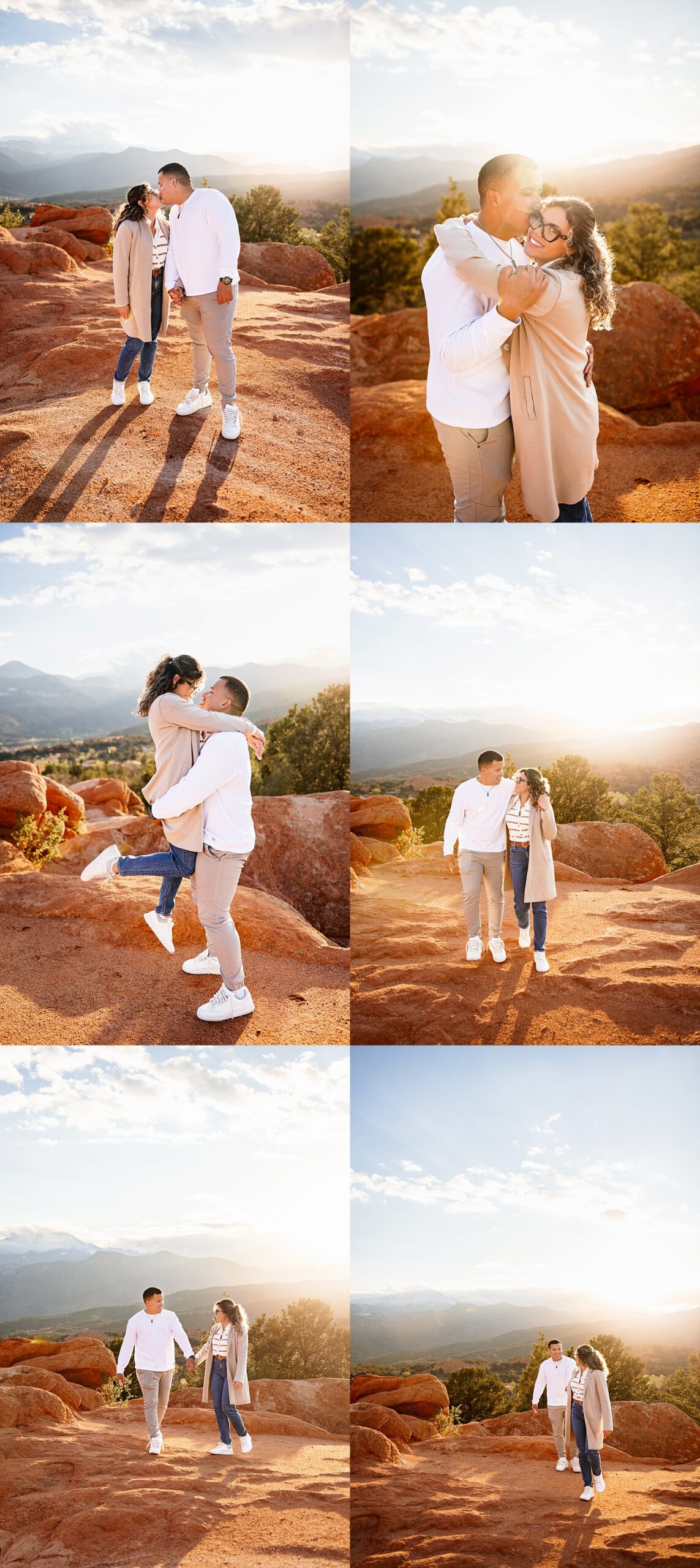 Golden hour collage of engaged couple laughing, hugging, and walking together with mountain views in Garden of the Gods proposal photos