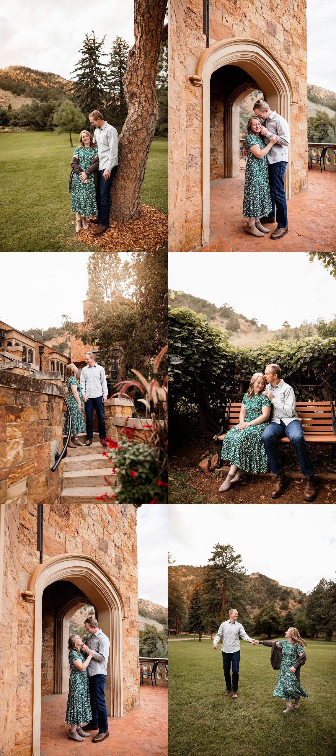 Glen Eyrie Couples Photos in Colorado Springs featuring a couple sharing candid moments by stone arches, gardens, and mountain views