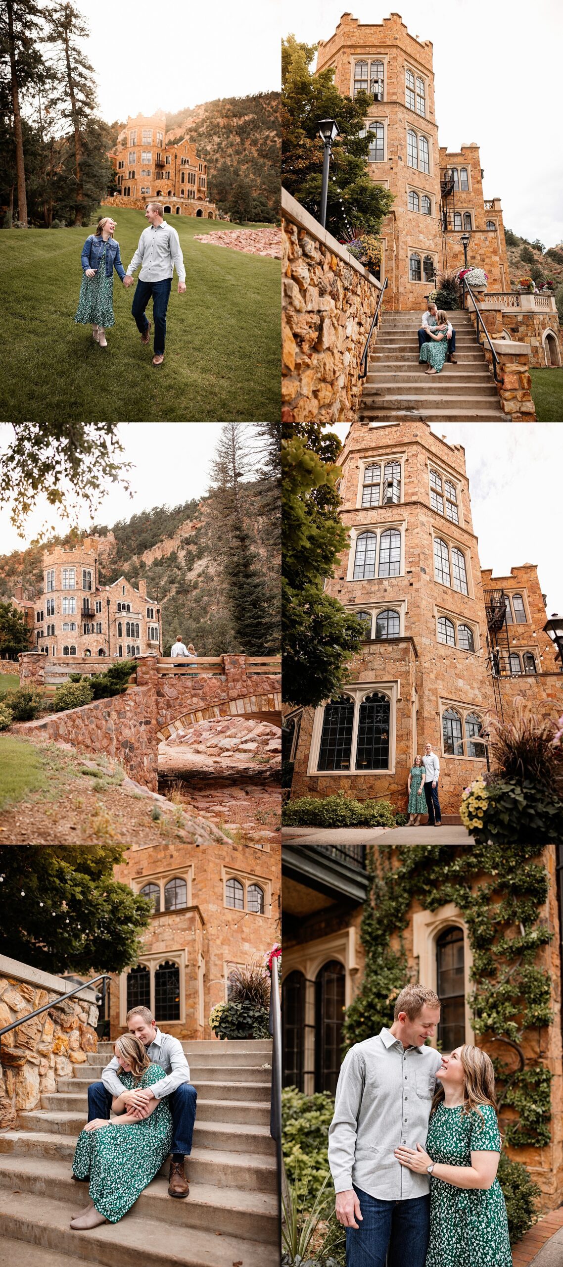 Romantic Glen Eyrie Couples Photos in Colorado Springs with a couple walking, sitting on steps, and exploring the castle grounds and bridge at sunset